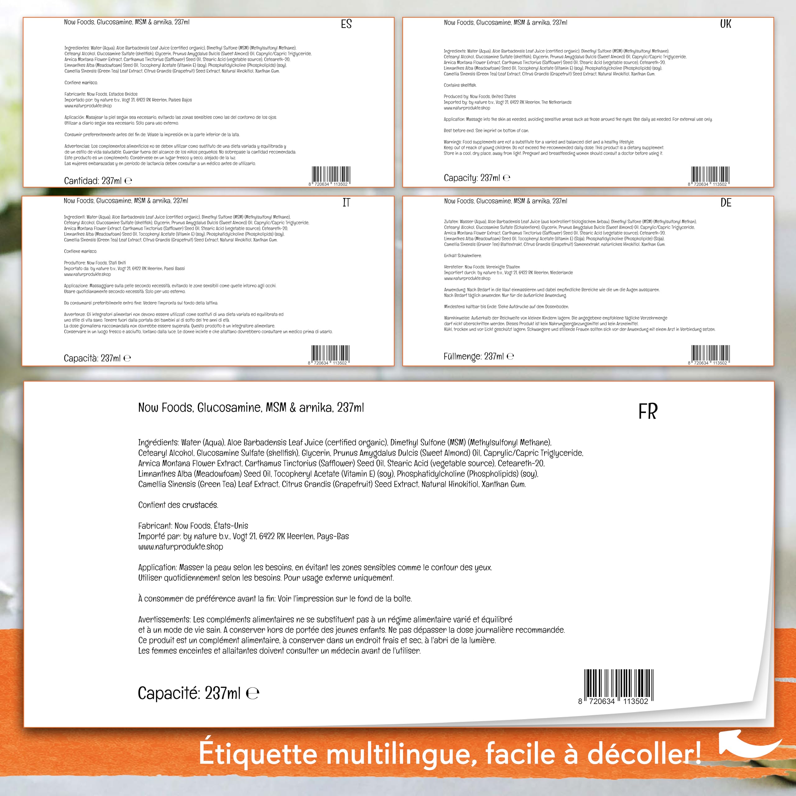 Now Foods, Glucosamine MSM Lotion à l'Arnica, Liposomal, 273ml, Testé en Laboratoire, Sans Soja, Végétalien, Sans OGM