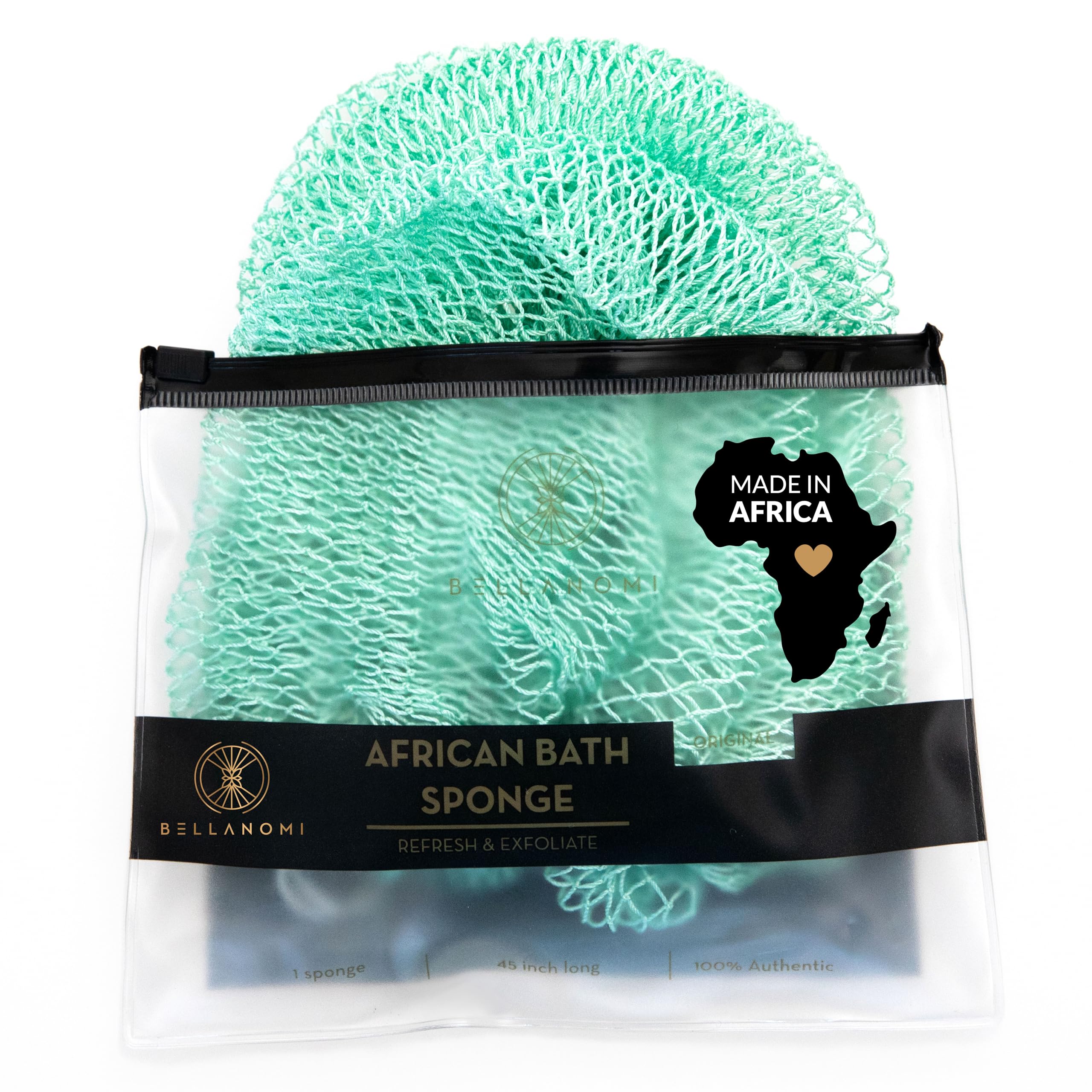 4 pcs African Exfoliating Net Sponge, Authentic, Ethically sourced from Nigeria, 45 inches Long, Back Scrubber for Daily use (Seafoam)