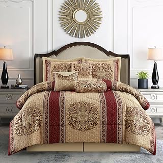 Stratford Park Gold/Wine Cal King Comforter Set, 7 Piece, Burgundy Bedding Comforters & Sets, Pillow Shams Bedskirt, All Season