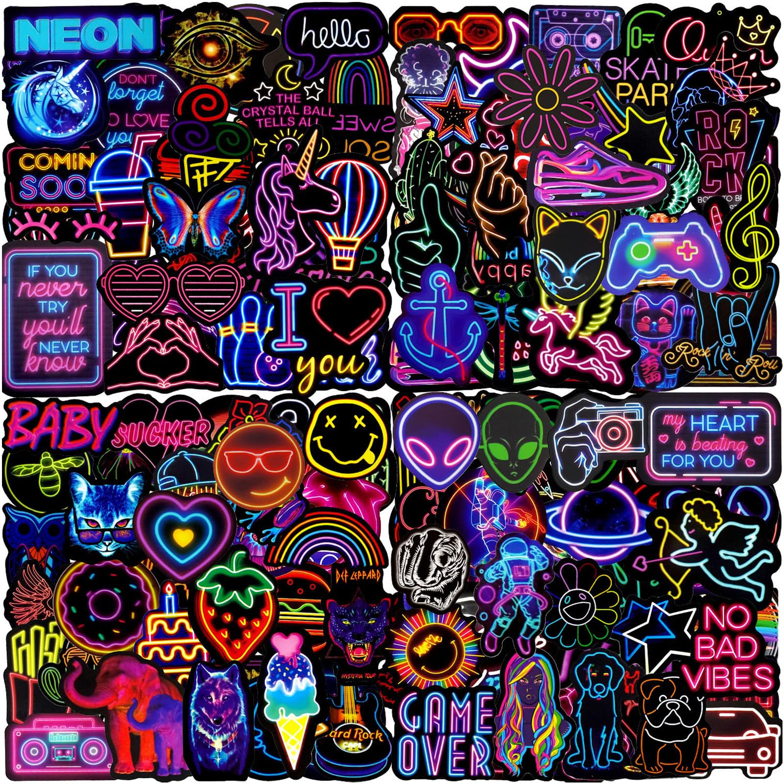 Water Bottle Stickers 200 Pcs Cool Neon Sticker Packs, Prizes for Kids Classroom Reward, Waterproof Vinyl Stickers for Water Bottles Laptop Skateboard Scrapbooking Journaling Notesbook Luggage etc