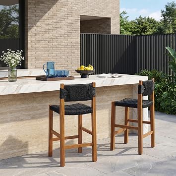 Christopher Knight Home 2-Pack Outdoor Counter Height Bar Stools with Backrest, Acacia Wood Frame Woven Wicker, 28" Patio Bar Chairs with Teak Finish for Deck Balcony Outdoor Bar Table, Black