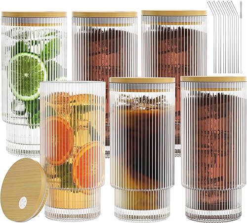 Miniatura 10 de Vasos de vidrio acanalado de 16 onzas con tapas y popotes, tazas de café helado con tapa de bambú, cristalería vintage para whisky, cóctel, cerveza,