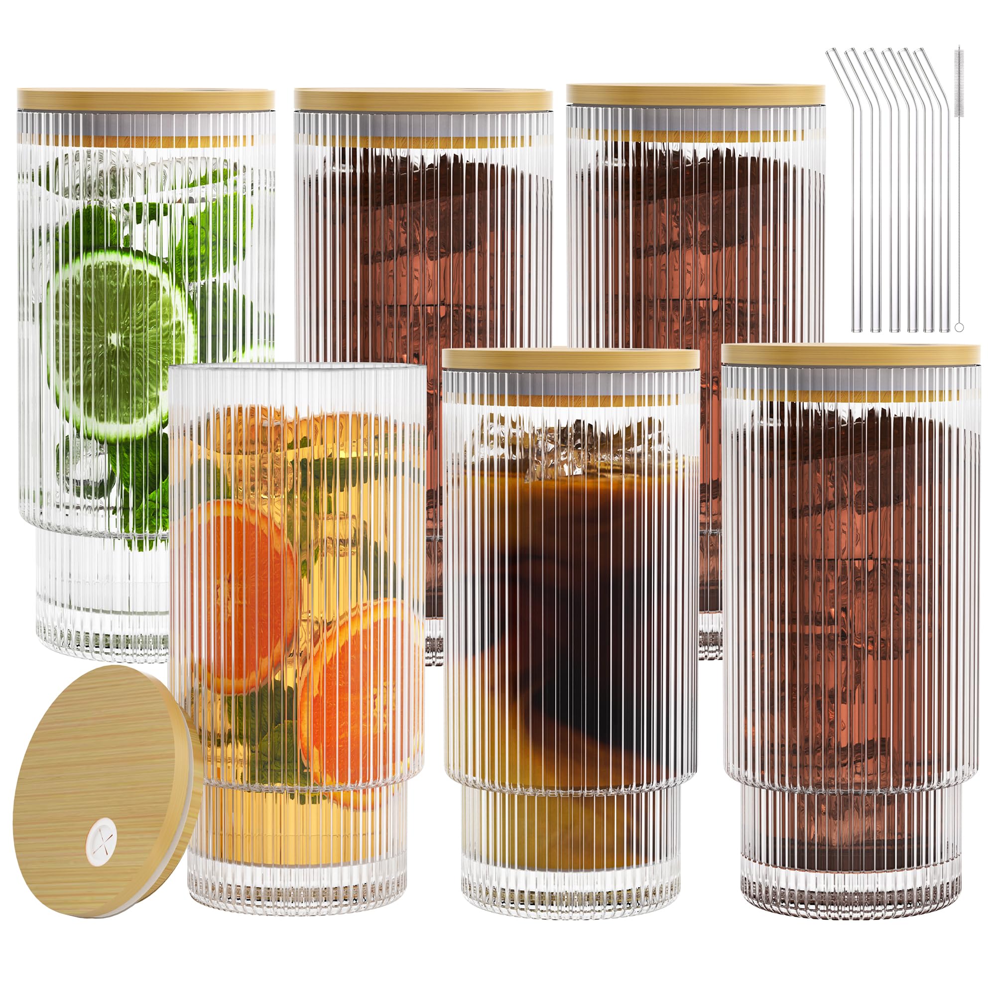 Vasos de vidrio de 16 onzas con tapas y popotes, tazas de café helado con tapa (6 vasos, 6 tapas y 6 popotes)