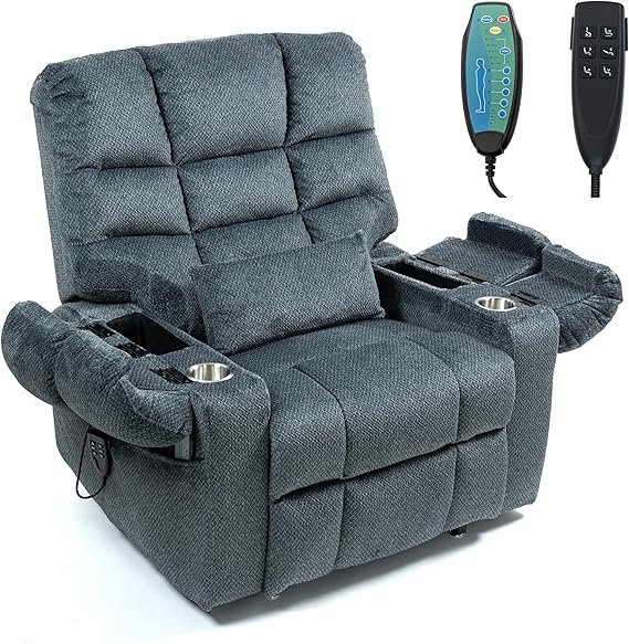 Oversized Zero Gravity Power Lift Recliner Chair for Elderly Adults Big Man Electric Lay Flat Recliner Triple Motor with Heat and Massage, Adjustable Seat Height, Arm Storage, Cup Holder