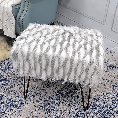 Miniatura 7 de Banco otomano de piel sintética gris y blanco, 19.5 x 12.5 x 17 pulgadas de alto, cómodos taburetes de maquillaje esponjosos con patas de metal,
