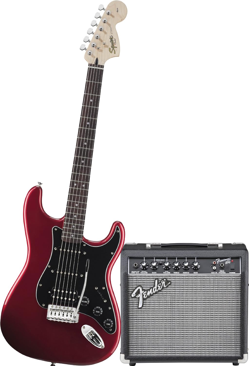 Squier by Fender Affinity Stratocaster Beginner Electric Guitar Pack with Fender FM 15G Amplifier, Clip-On Tuner, Cable, Strap, Picks, and gig bag - Candy Apple Red