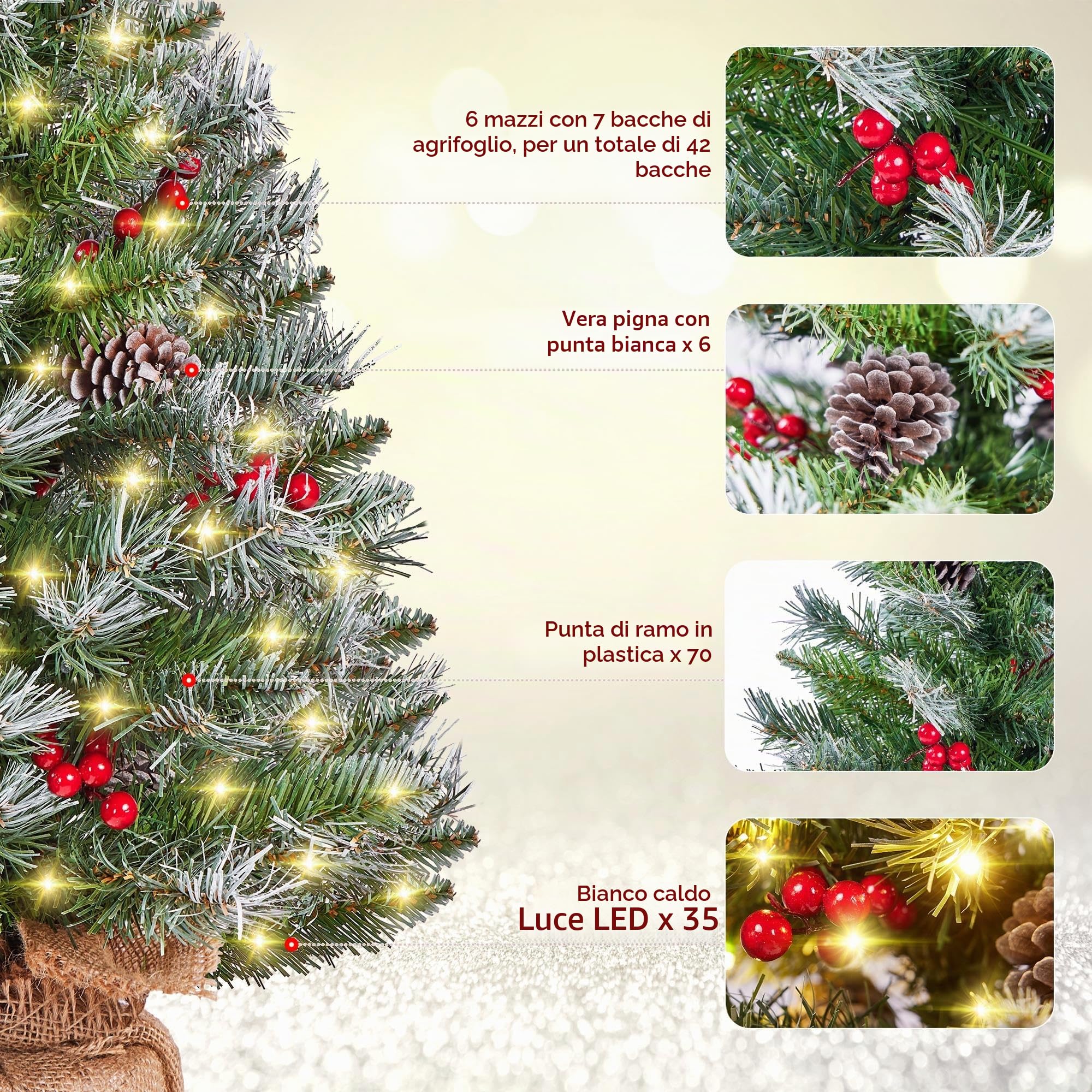 Yaheetech Set di 2 Mini Albero di Natale da 61 cm Piccolo Albero Innevato con 35 Luci a LED 42 Bacche Rosse e 6 Pigne Ideale per Decorazioni Interni