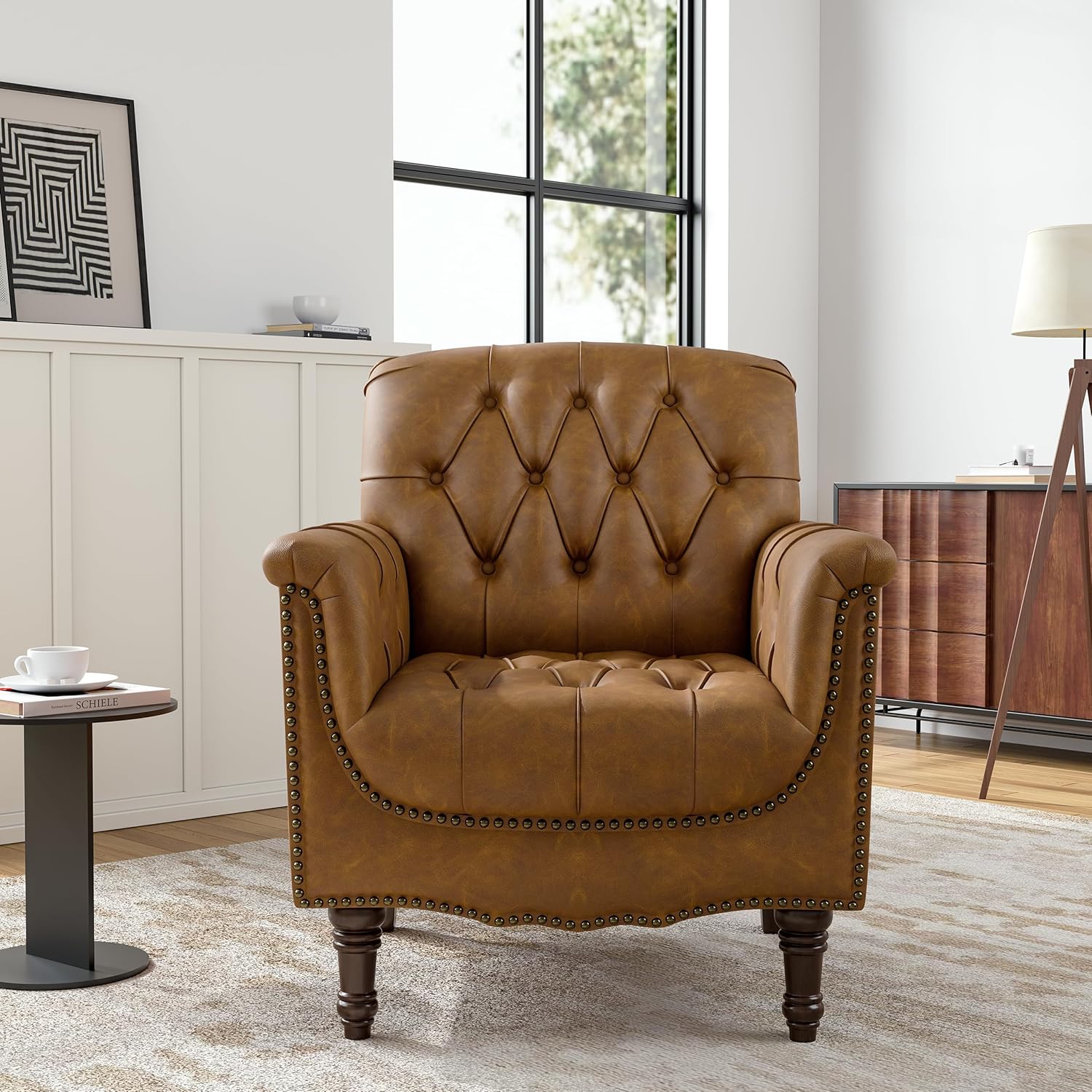 Faux Leather Club Chair, Retro Upholstered Armchair Accent Chair with Solid Wood Legs & Nailhead Trim for Living Room, Bedroom, Reading Room, Camel