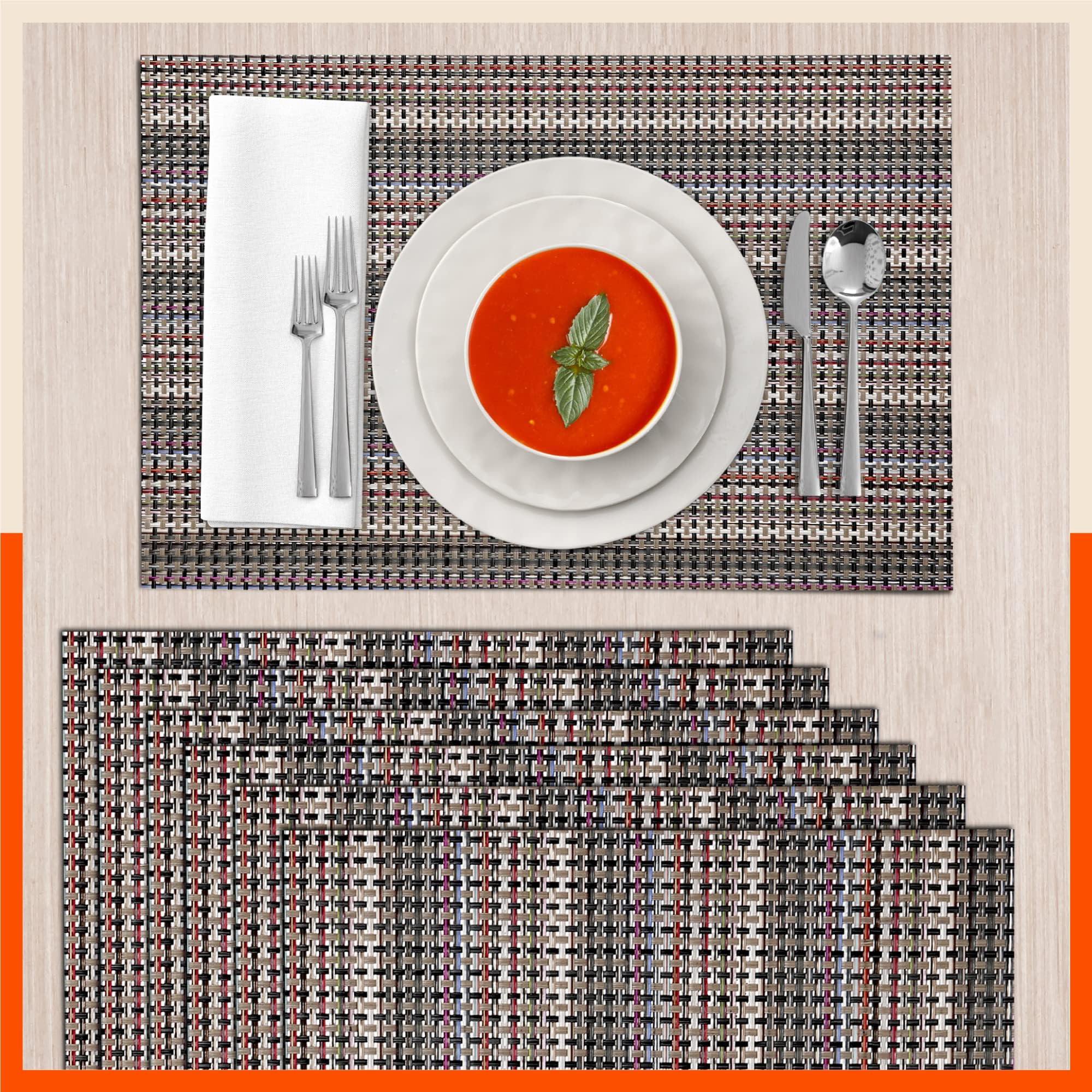 Bathla Matworks - BERT Woven PVC Table mats/Placemats for Home Dining Table | Heat-Resistant, Reversible & Washable | (Set of 6-45cm x 30cm)