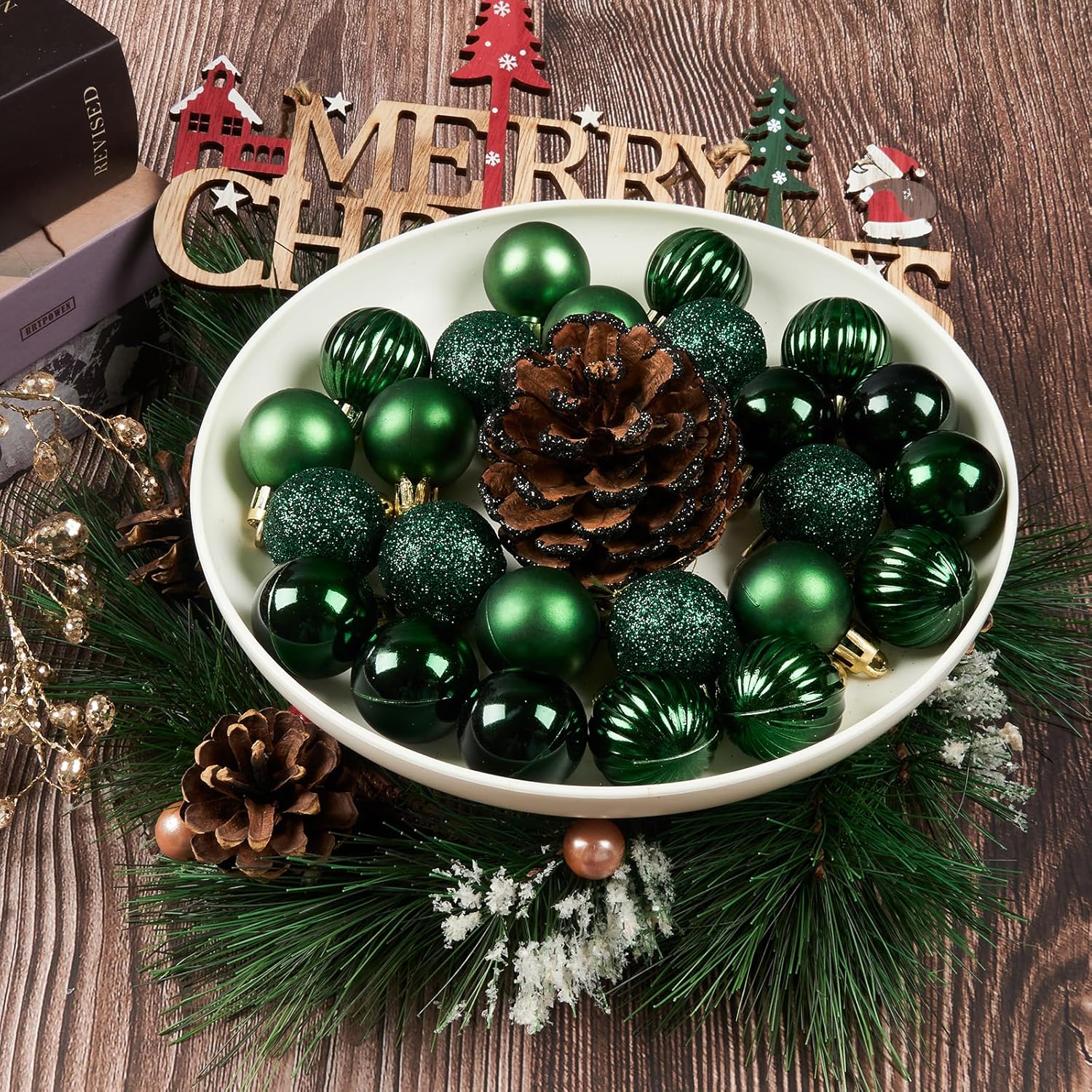 Emopeak 24Pcs Christmas Balls Ornaments for Xmas Christmas Tree - 4 Style Shatterproof Christmas Tree Decorations Hanging Ball for Holiday Wedding Party Decoration Dark Green