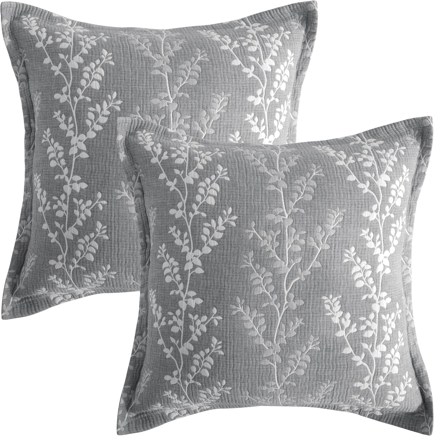 NTBAY Cotton Euro Sham Covers, 3 Layer Muslin Breathable Soft Thermal Yarn Dyed Pillow Covers, 2 Pack 26x26 Square Pillow Shams with Envelope Closure, Grey Tree