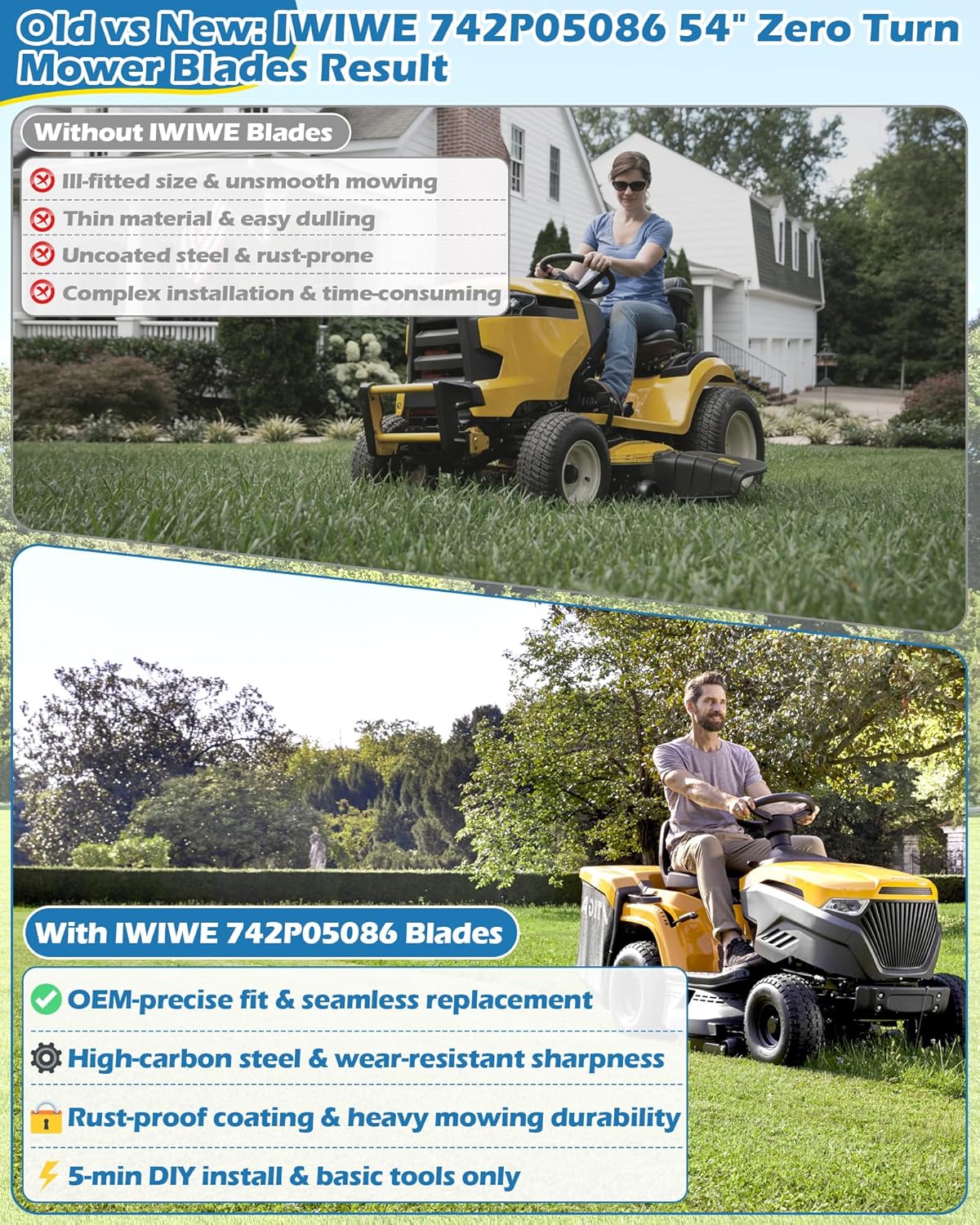 IWIWE 742P05086 Ultra High-Lift Mower Blades 3 Pack for 54" Deck, Replaces 742-05086 CMXGZAM110194, Compatible with Cub Cadet XT1-GT54 ZT1-54 ZT2-54 Craftsman MTD Troy-Bilt