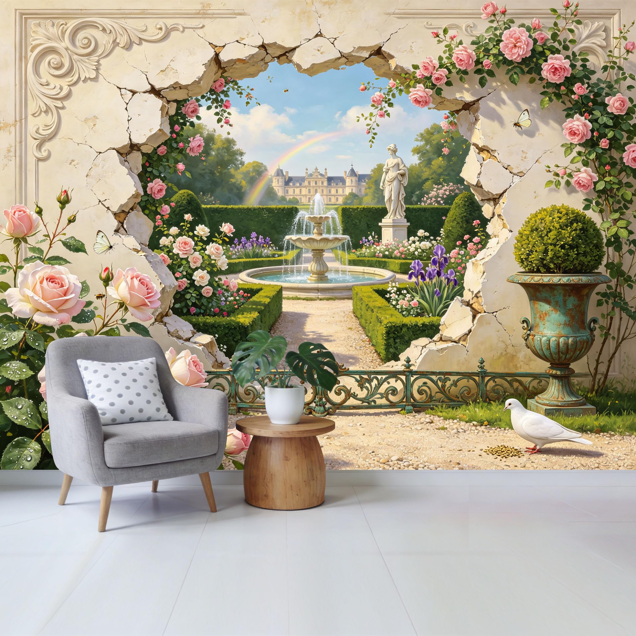 Custom Size Wall Mural 3D French Garden Pink Rose Flowers Fountain Landscape Removable Self Adhesive Fabric，Home Wall Decor for Living Room Bedroom Bathroom