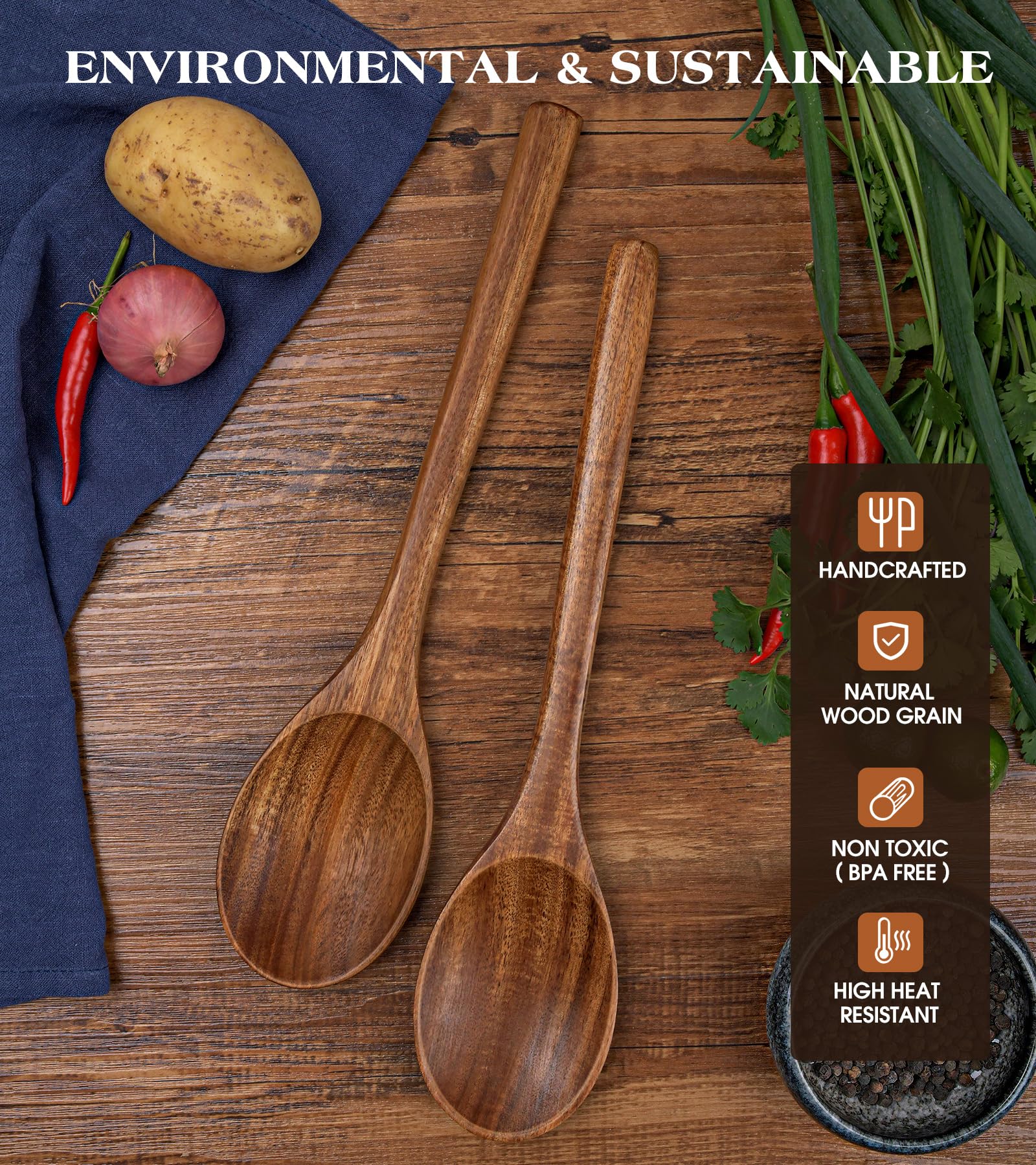 Acacia Wood Spoons - 2 Pack Kitchen Utensils -5 Acacia Wood Spoons - 2 Pack Kitchen Utensils -5