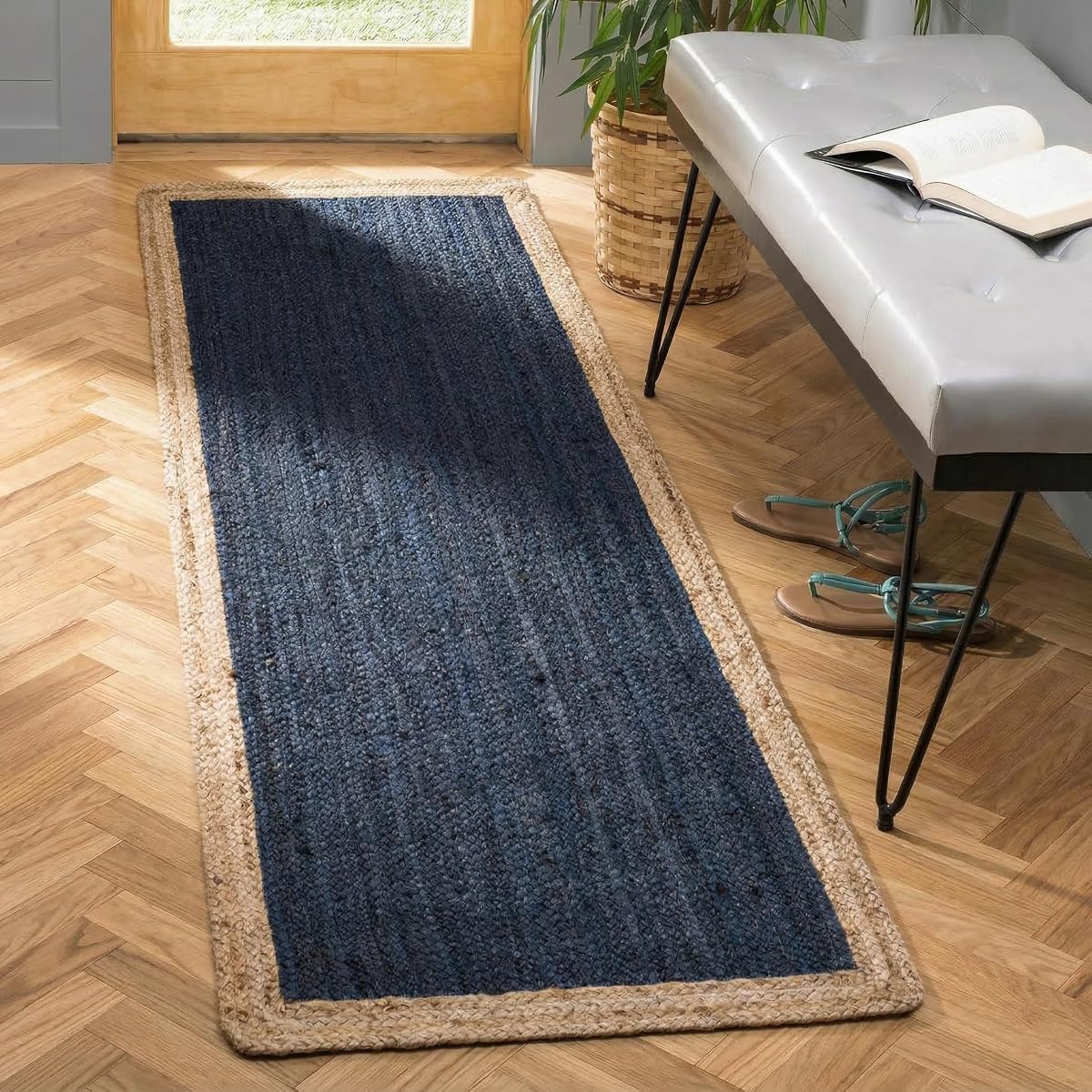 Handwoven Braided Jute Runner Rugs 2.6x6 Ft Blue Beige Bordered Boho Rug | Natural Jute Fiber Rustic Vintage Farmhouse Style Runner Rugs for Hallway, Kitchen, Entryway Custom Size Carpet Home Decor