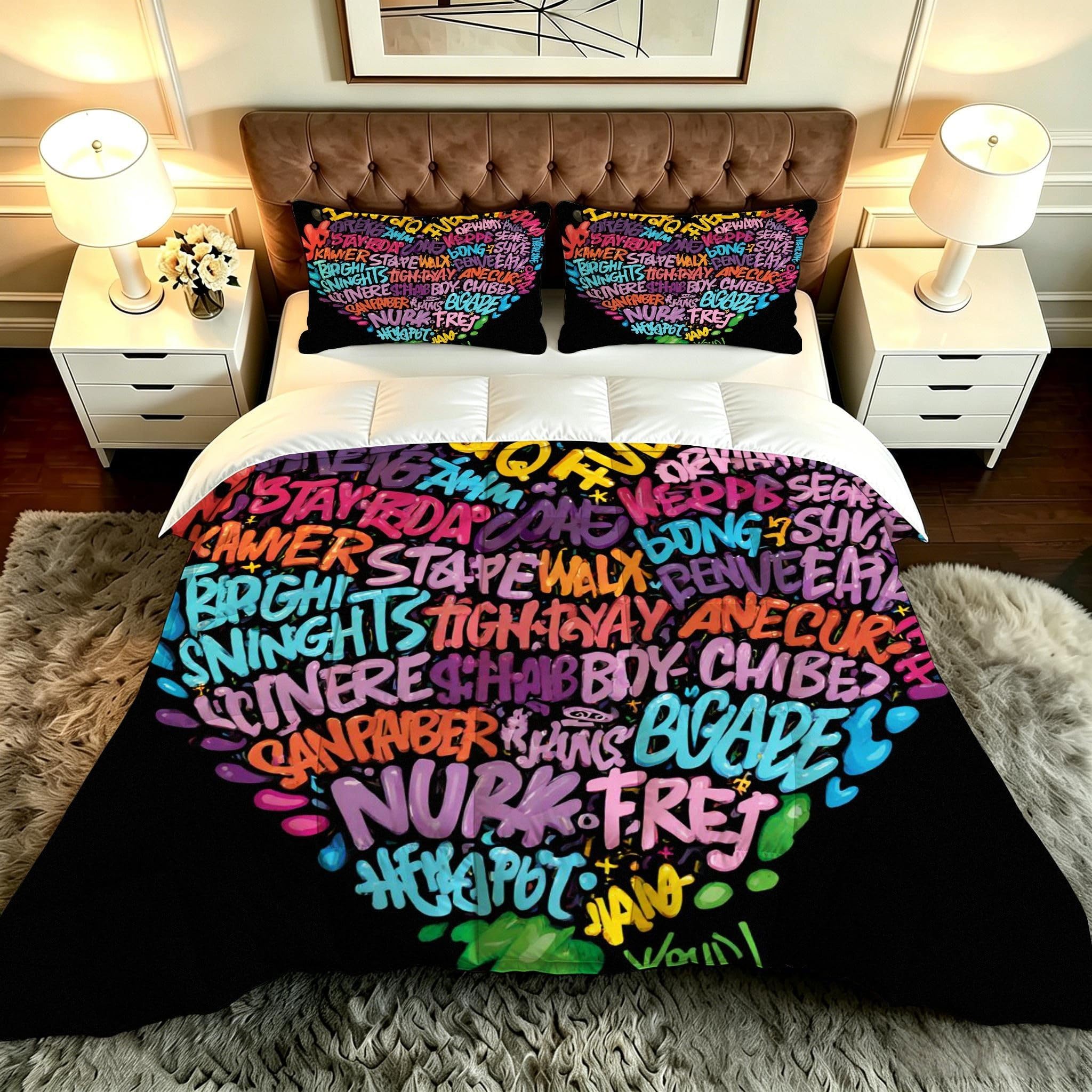 Couette 200x200 cm imprimée cœur gribouillage avec 2 taies d'oreiller pour lit double