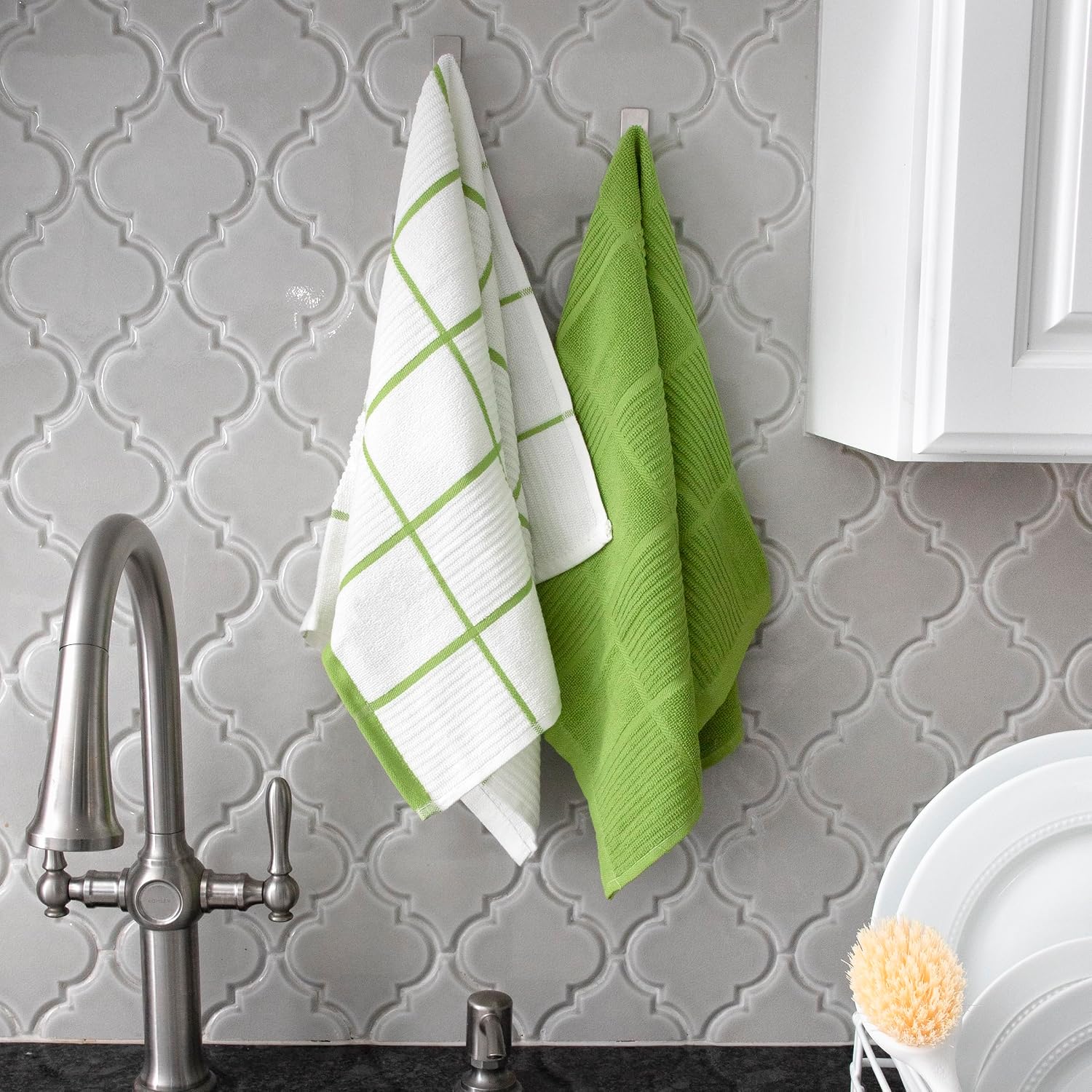 T-Fal Solid & Checked Parquet Kitchen Towels: Highly Absorbent, Super Soft Long Lasting - 100% Cotton, 16"x26" Dish Towels for Cleaning & Drying Dishes, Pans, Glassware, Countertops, 2-Pack, Green