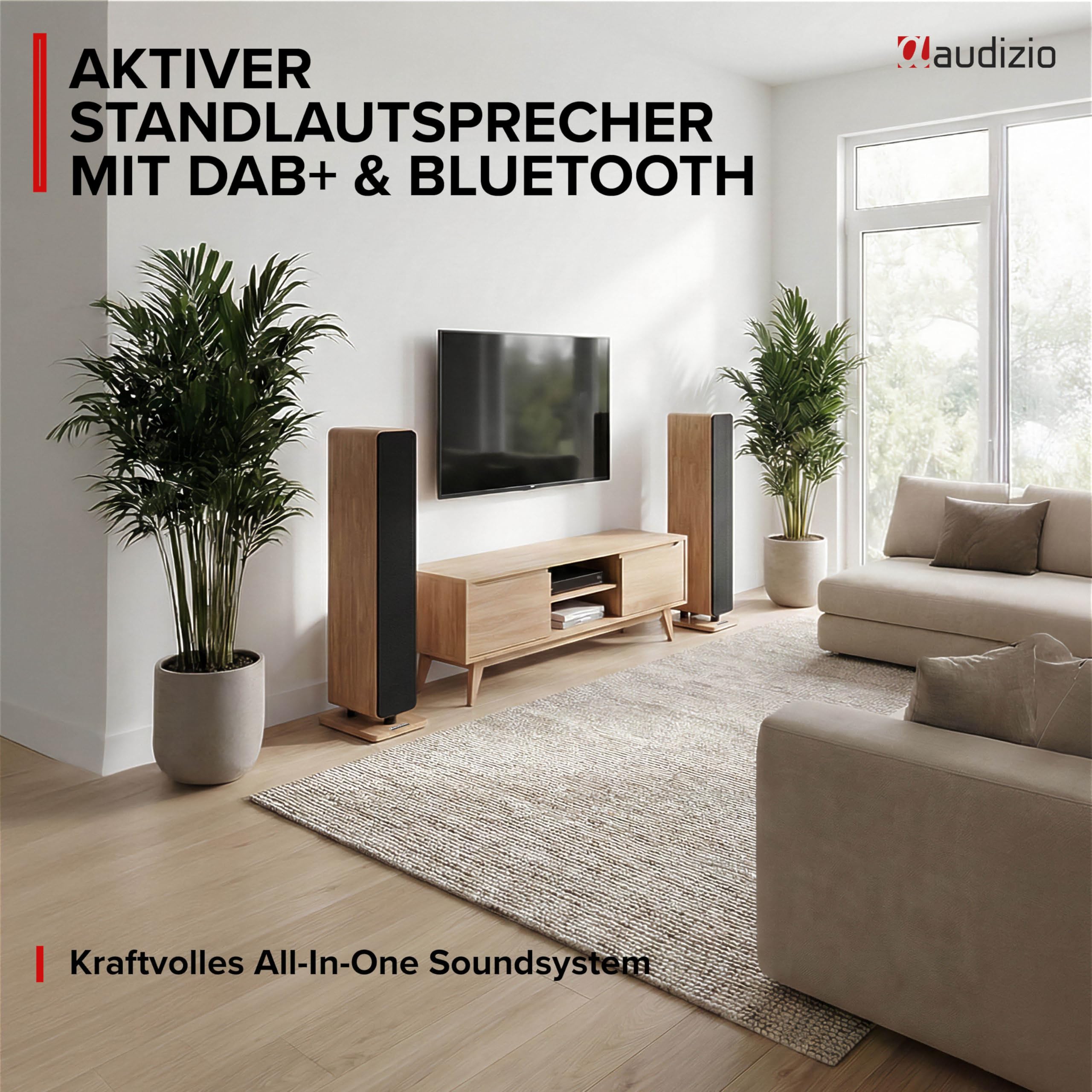 Audizio Arco Standlautsprecher Aktiv 2er Set Bluetooth 5.4 DAB Radio 320 Watt HiFi Lautsprecher Musikanlage Heimkino Soundsystem LED Licht Holzoptik Braun