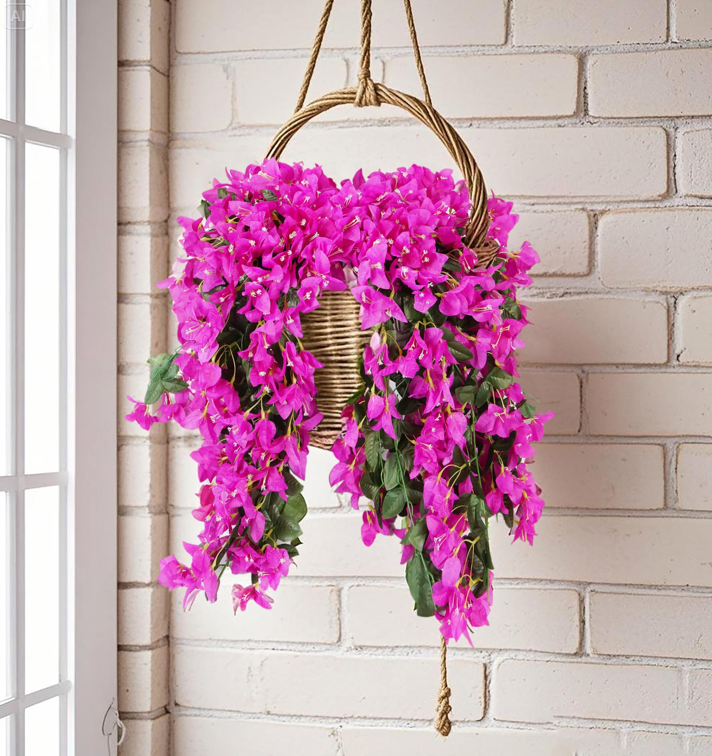 Flores artificiales de buganvillas para decoración al aire libre, 2 vides de seda sintética, guirnalda colgante de buganvilla resistente a los rayos UV para porche delantero, balcón, maceta