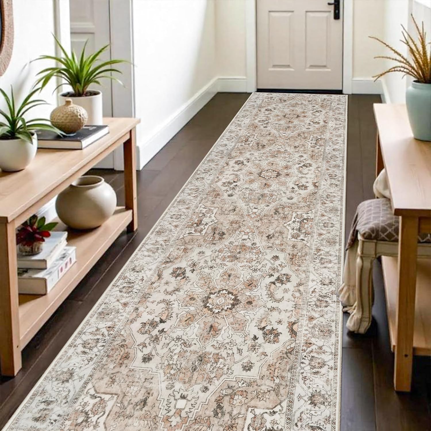 Washable Hallway Runner Rug 3x12: Non Slip Runner Rugs with Rubber Backing Soft Kitchen Rug Farmhouse Distressed Carpet Runner for Living Room Bedroom Bathroom (Beige, 3X12)