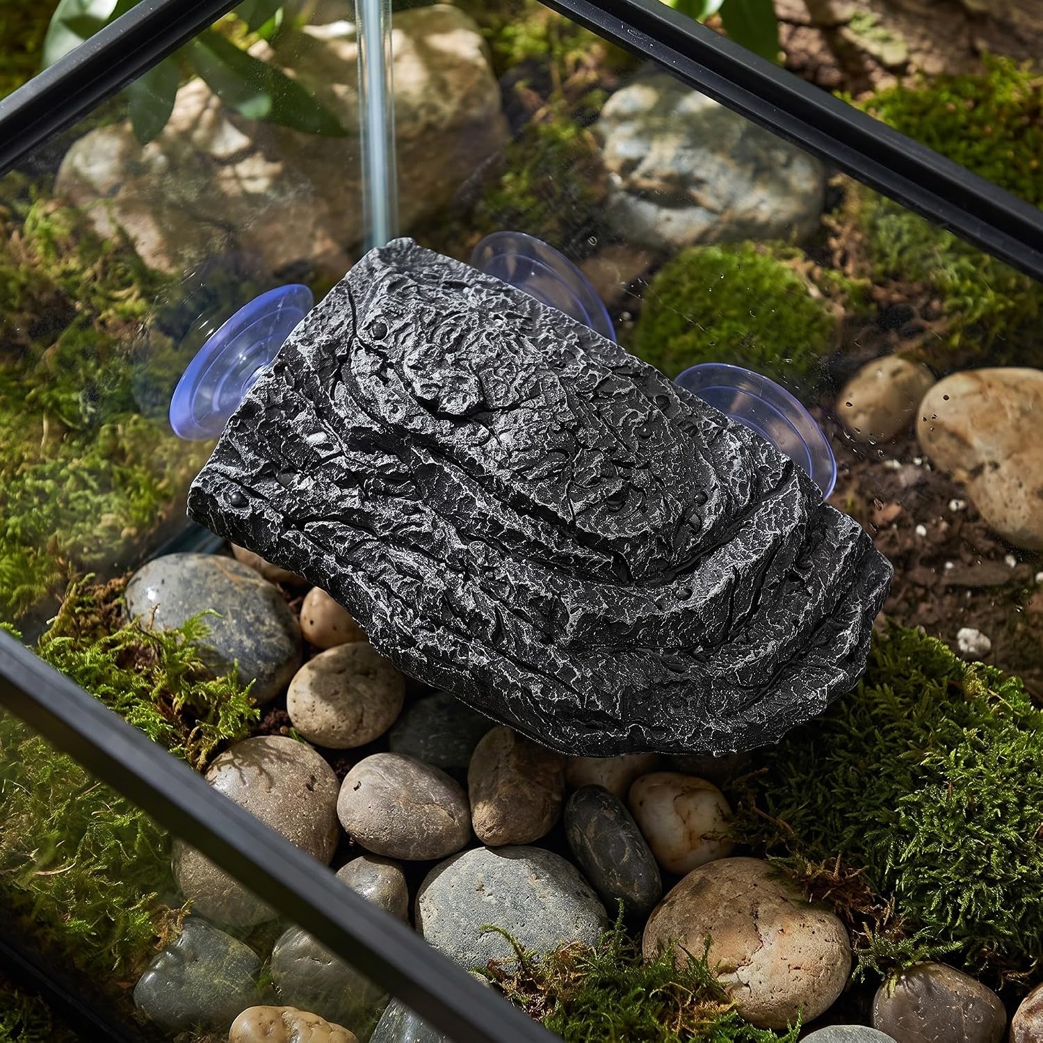 Resin Turtle Basking Platform Rock, Reptile Resting Platform with Suction Cup for Turtle Tank, Tortoise Habitat Decorations, Climbing and Hiding Area for Frogs, Lizards, Newts
