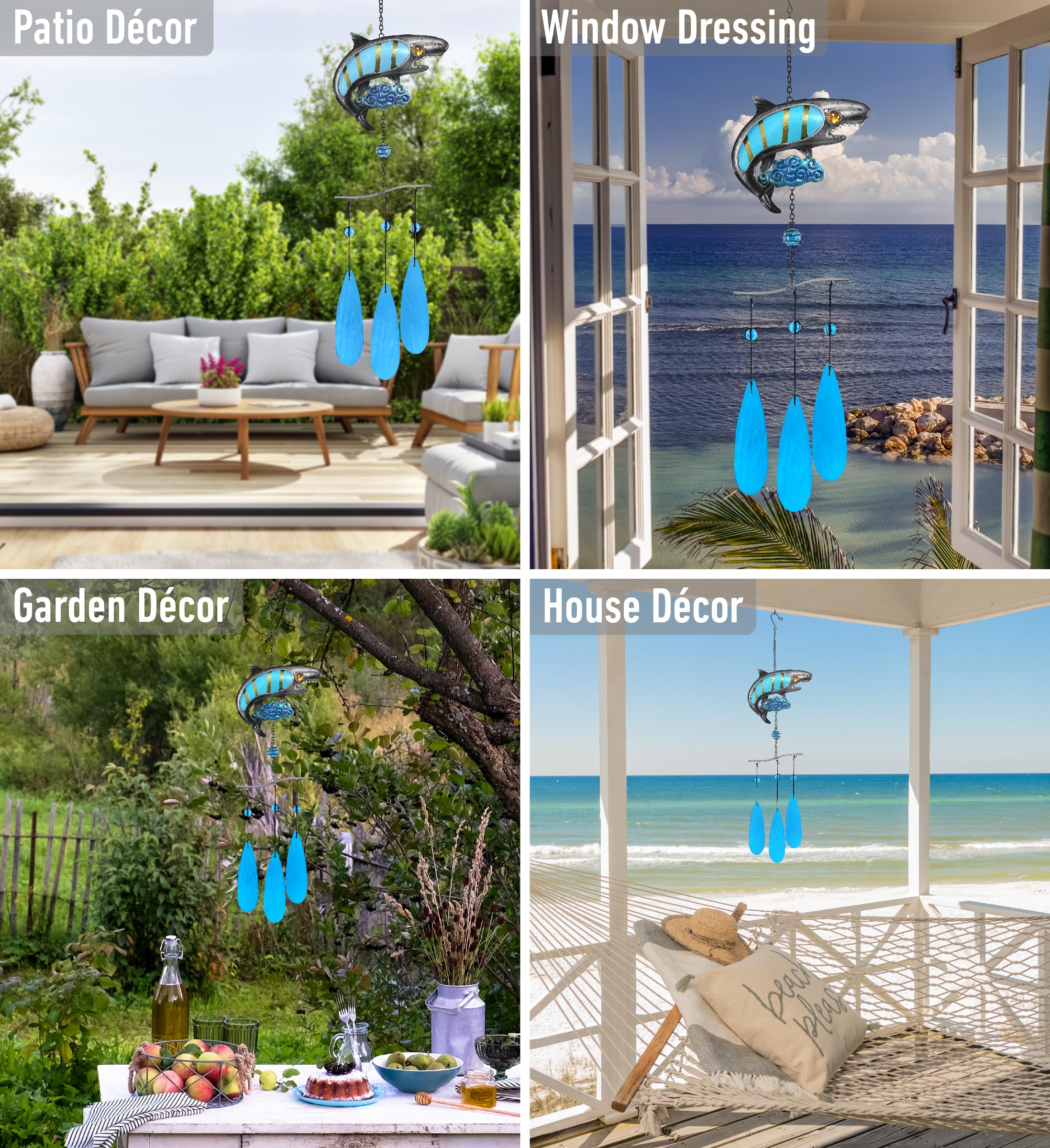 CoTa Global Carillon éolien en forme de requin – Carillon à vent en verre et métal fait à la main – Décoration d'intérieur et d'extérieur à suspendre pour porche, terrasse et jardin – 68,6 cm