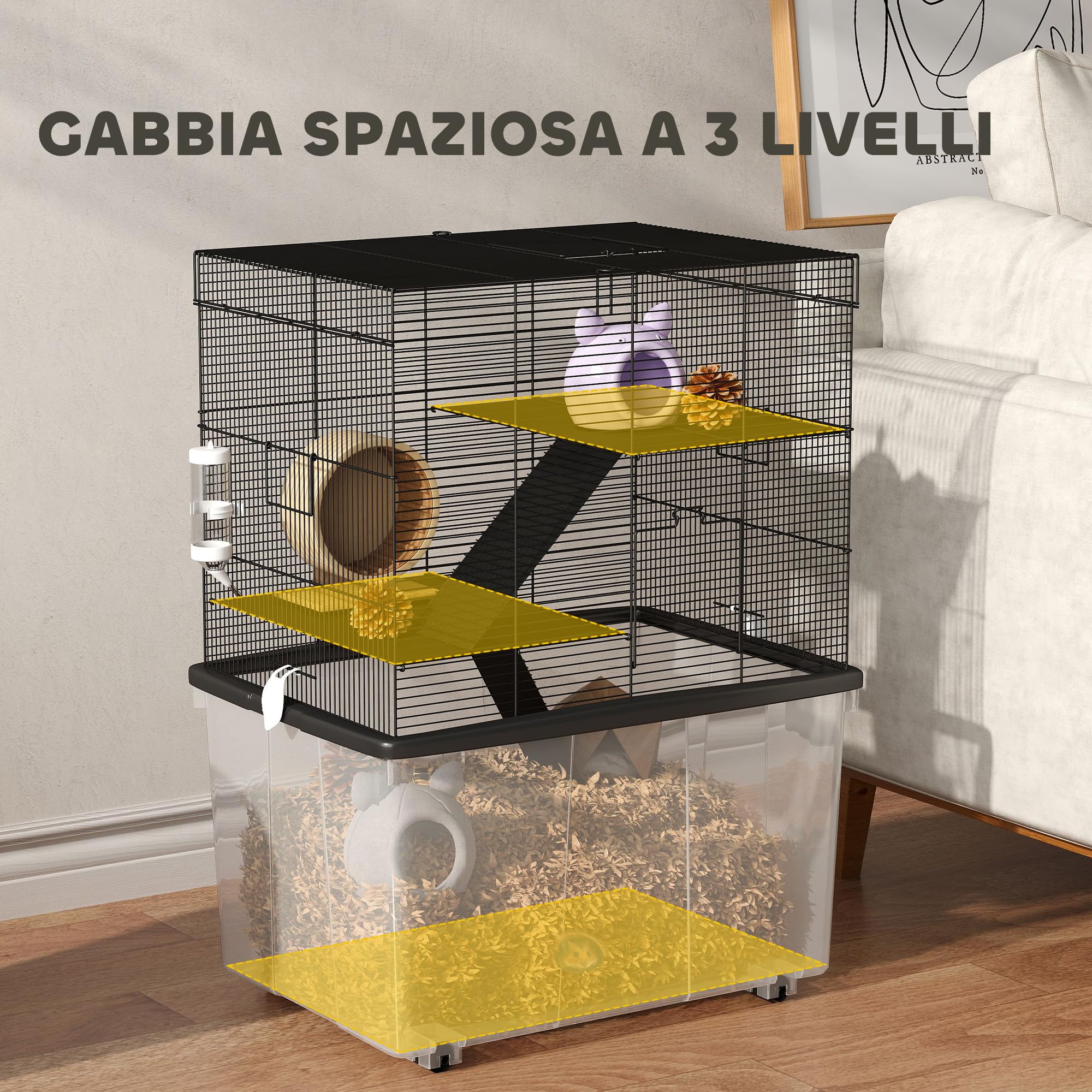 PawHut Gabbia per Criceti a 3 Livelli con Base Profonda 31 cm e Ruote, Casetta per Gerbilli con Rampe, Ciotola, Bottiglia, 58x43x74 cm, Nero