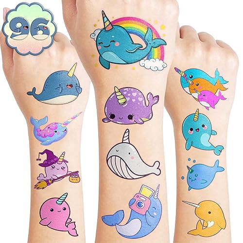 96 tatuajes temporales precortados de narval Suministros de fiesta de cumpleaños con temática de ballena, lindas calcomanías para niños, recuerdos