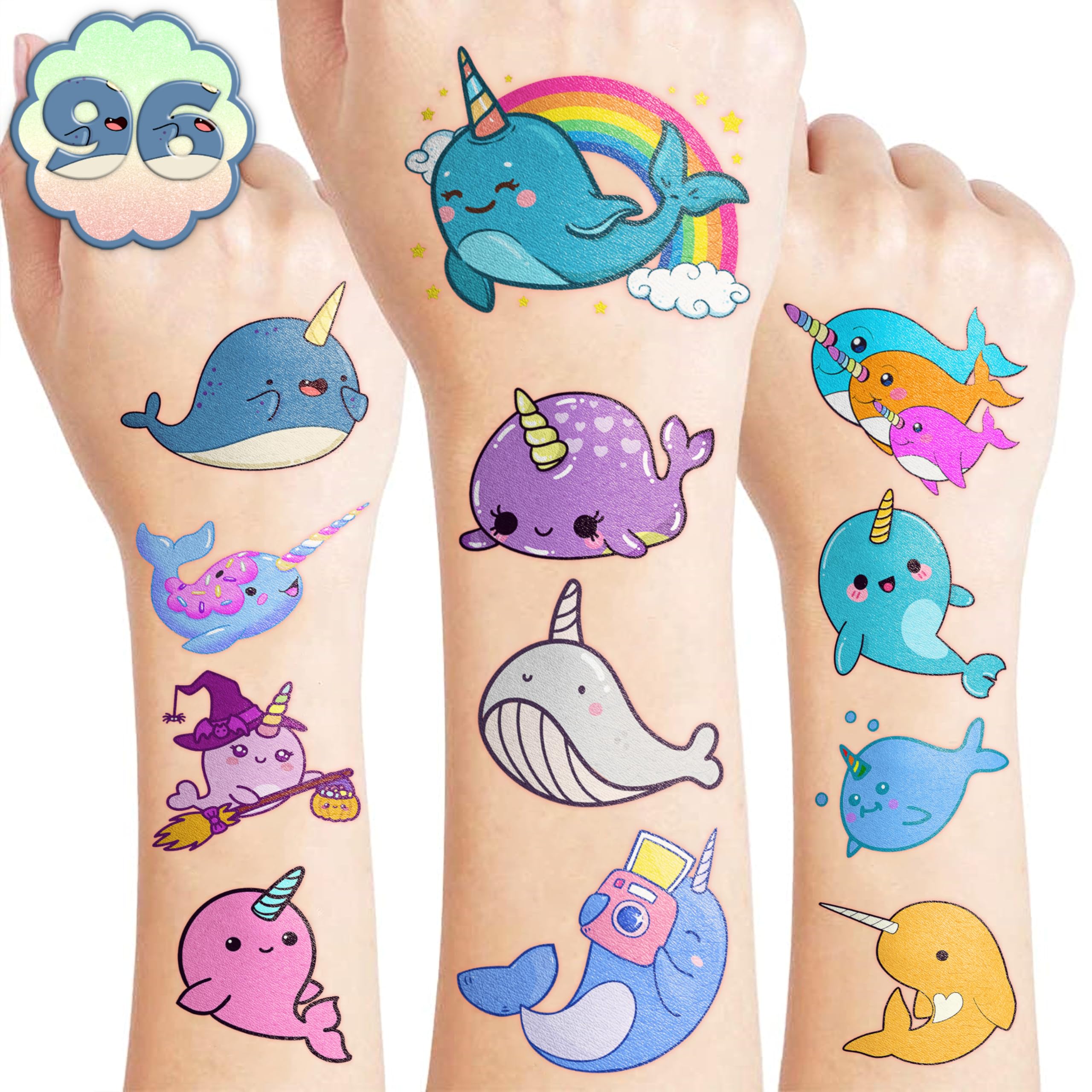 96PCS Narwhal Pre-Cut Temporary Tattoos - Whale Themed Birthday Party Supplies, Cute Stickers for Kids, Fun Party Favors, Classroom Prizes, Christmas