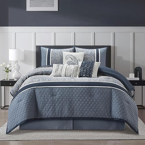 Miniatura 2 de Grand Avenue Juegos de edredón de cachemira azul marino para cama Queen, 7 piezas, juegos de ropa de cama y colecciones jacquard, microfibra ligera