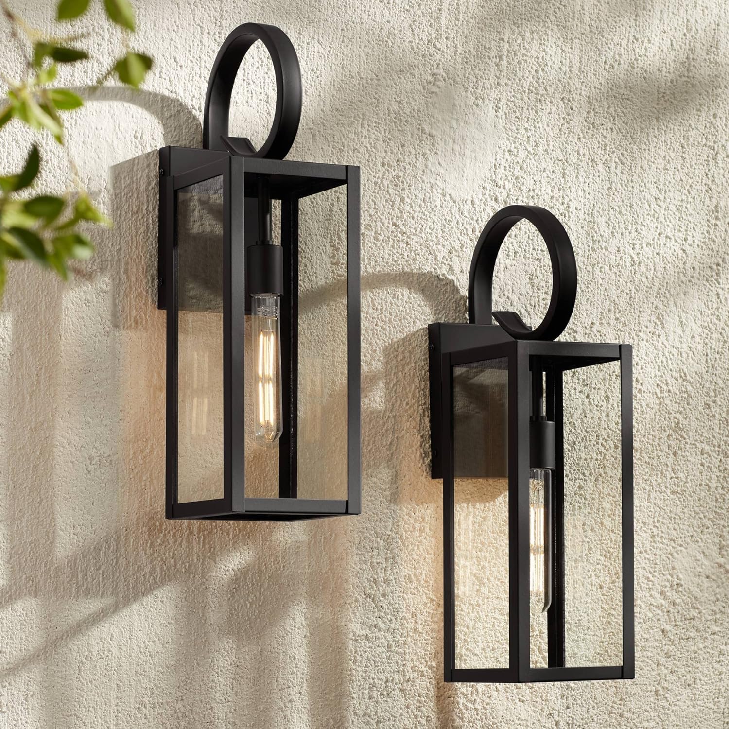 John Timberland Mira Modern Outdoor Wall Light Fixtures Set of 2 Deep Black Metal Top Scroll Arm 21" Clear Glass for Post Exterior Barn Deck House Porch Yard Patio Outside Garage Front Door