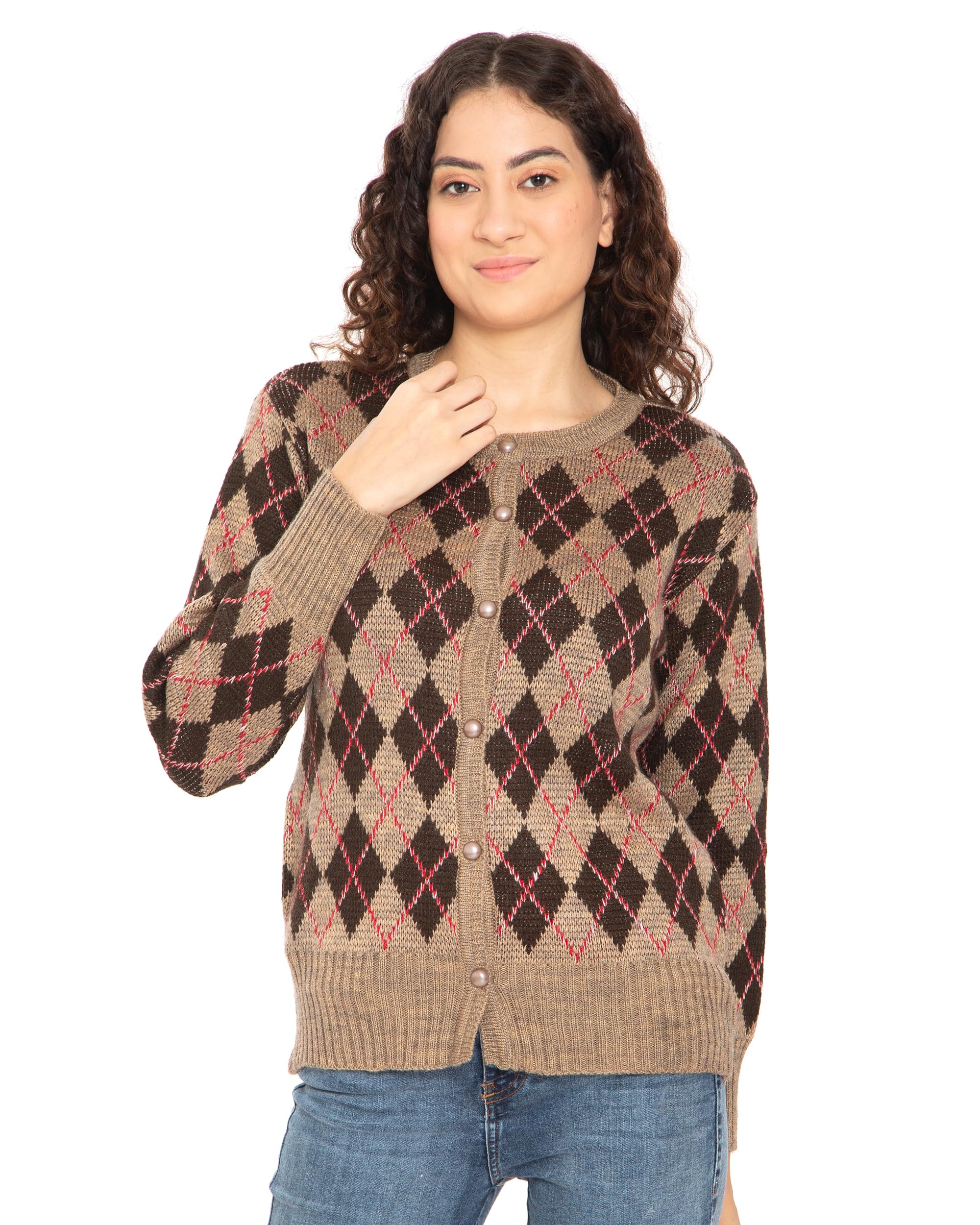hautemoda Women Woollen Checkered Buttoned Sweater Cardigan-picture-26