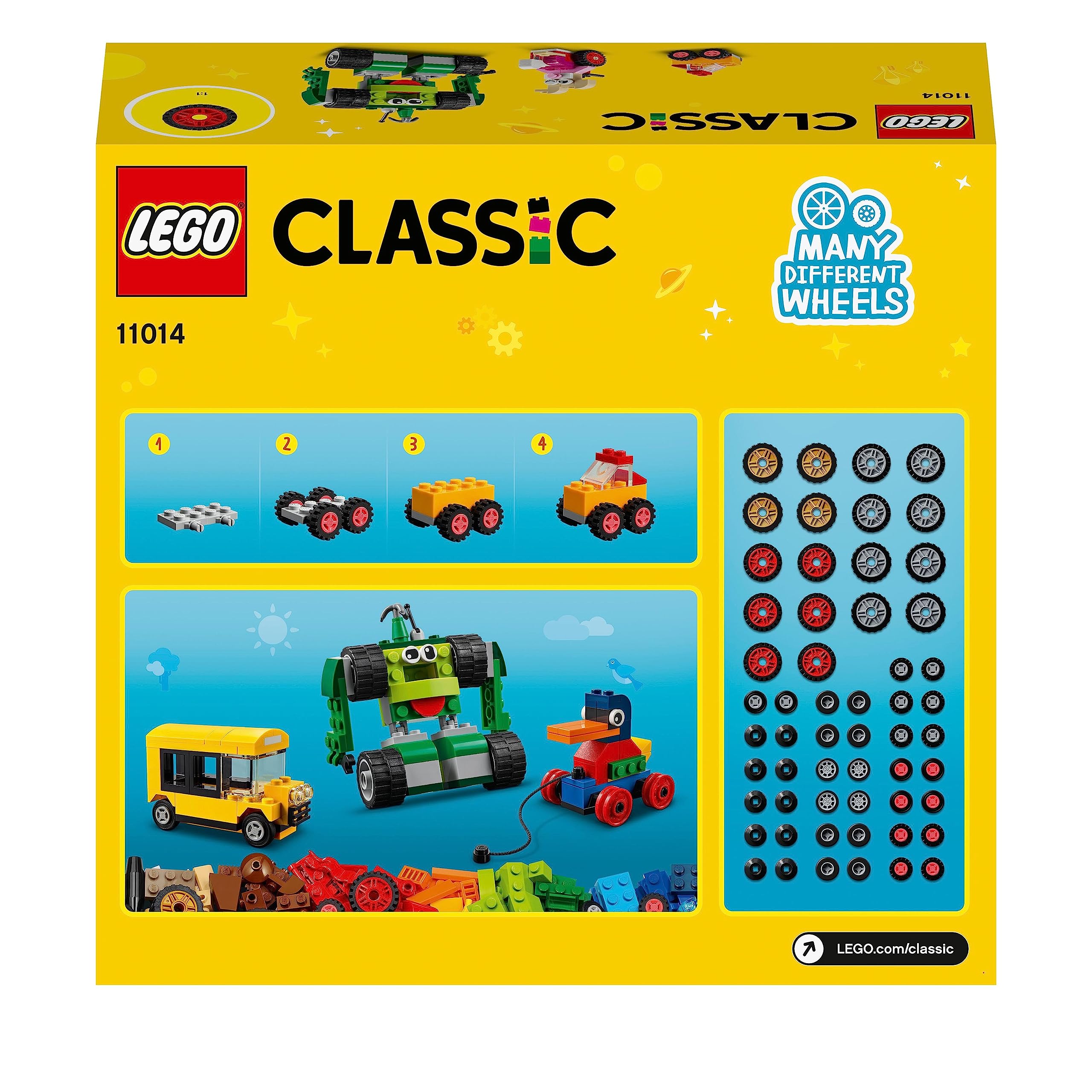 LEGO Classic Mattoncini e Ruote, Set con 9 Modellini da Costruire con Mattoncini Colorati tra cui Skateboard, Treno, Macchina e Robot Giocattolo, Giochi Creativi per Bambini e Bambine da 4 Anni 11014