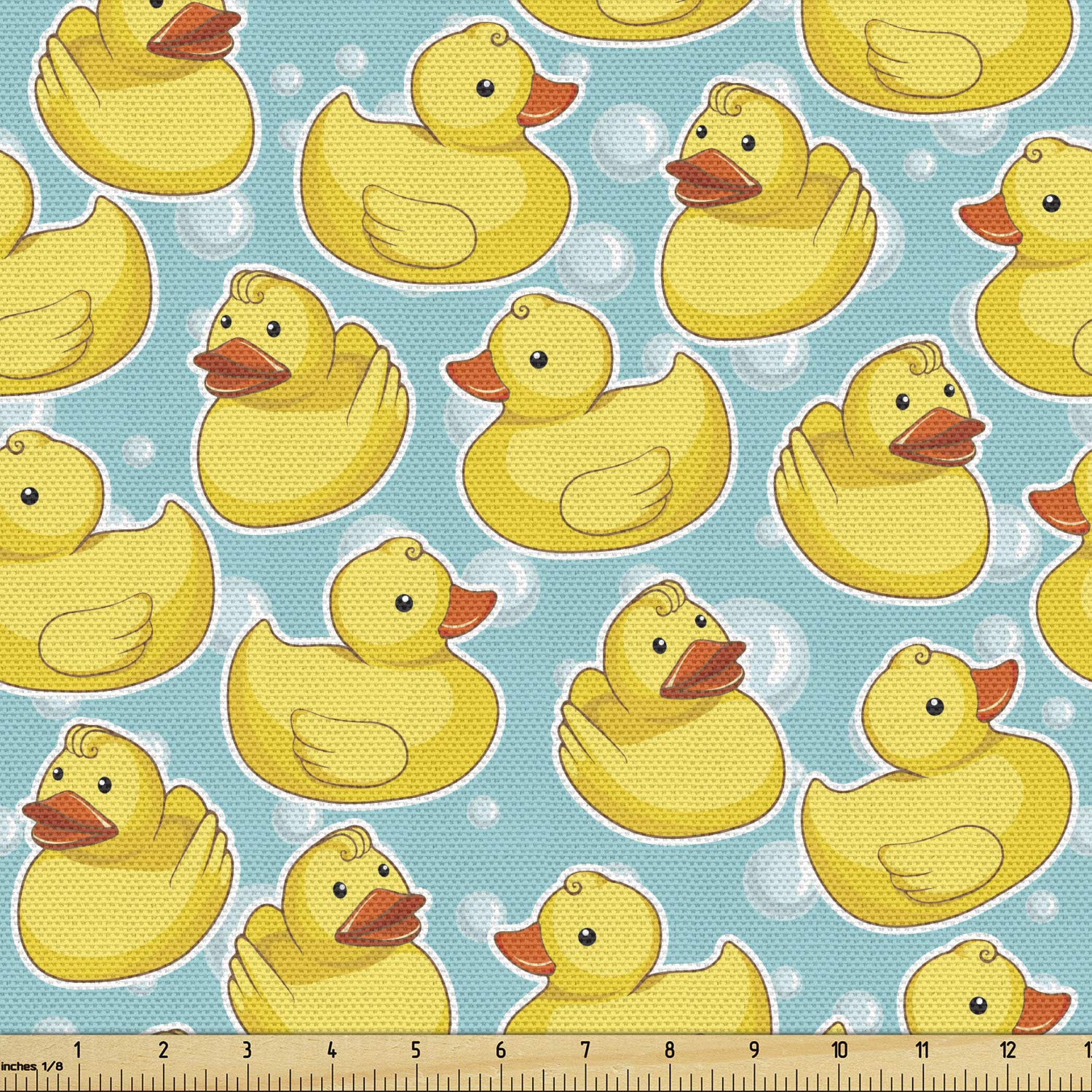 Lunarable Duckies Fabric by The Yard, Bath Bubbles Background with a Sketch Style Rubber Animal Pattern, Decorative Fabric for Upholstery and Home