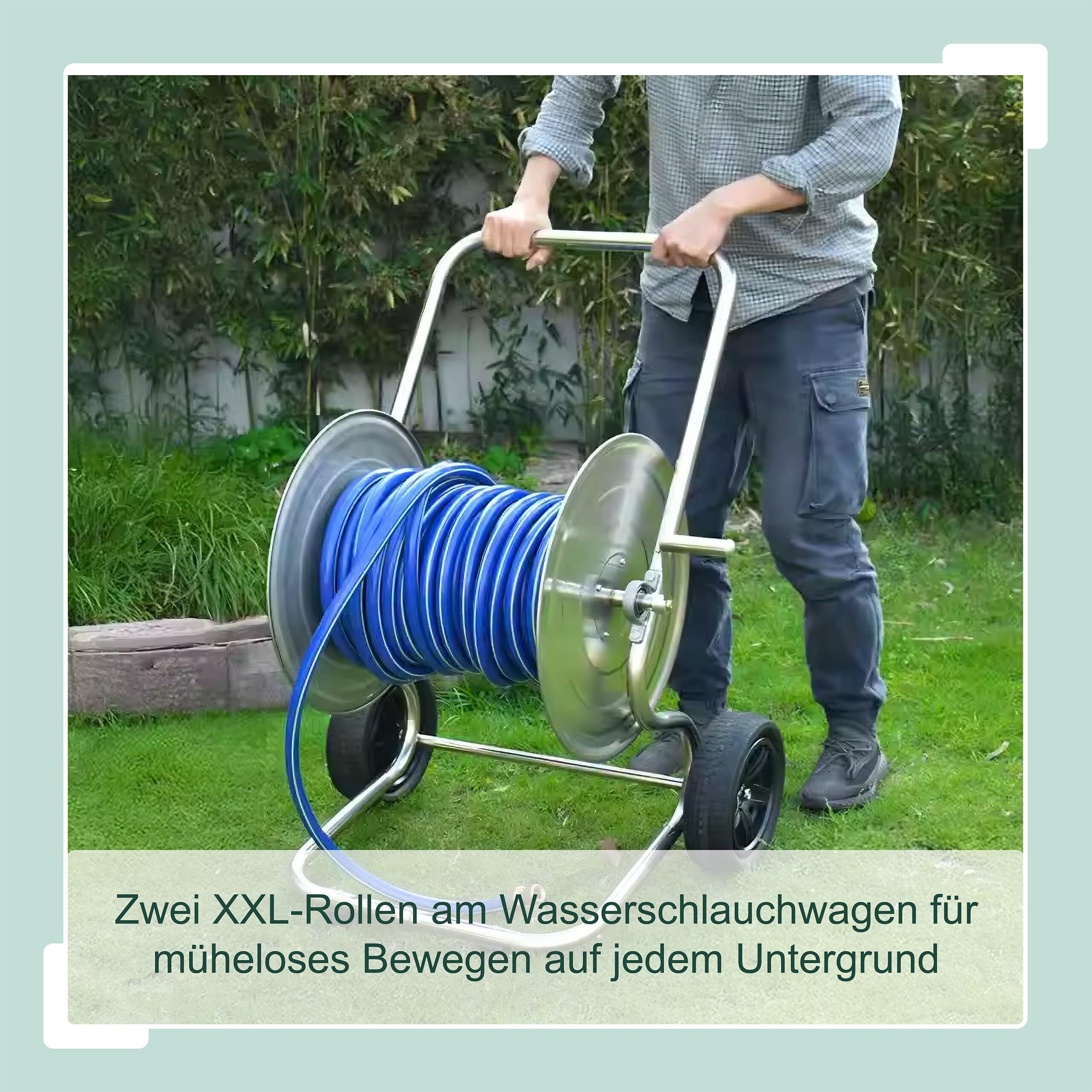 Relaxdays Schlauchwagen, bis 200 m, fahrbare Schlauchtrommel, HBT 94 x 61 x 60 cm, Schlauchabroller, Edelstahl, Silber