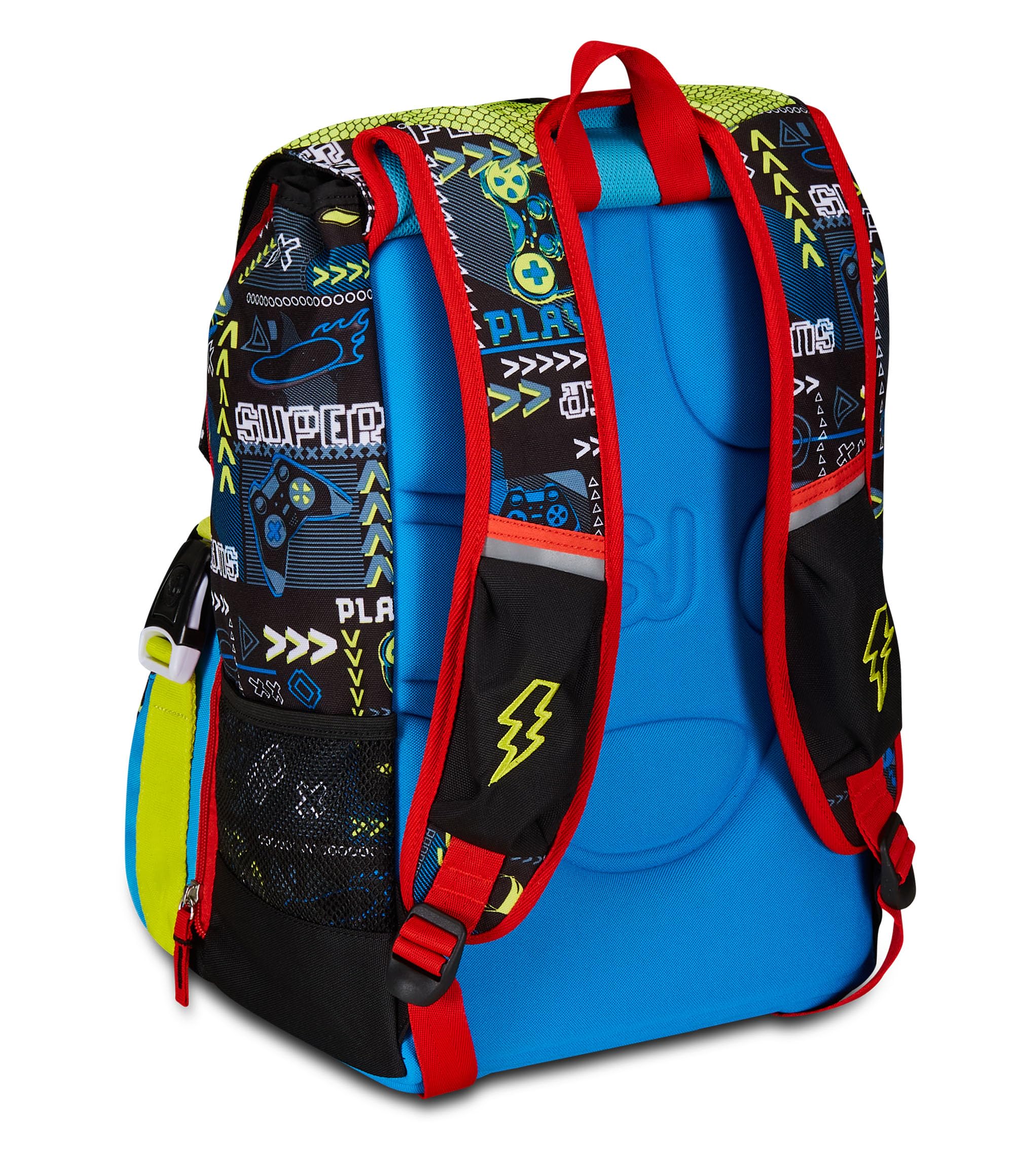 SJ GANG STYLE JAM GANG Zaino Scuola Estensibile, Nero Rosso, FunnyGoal, Zaino Doppio Scomparto Estensibile Tramite Zip Laterali, Tasca Porta Borraccia, Scuole Elementari e Medie, Bambino Ragazzo