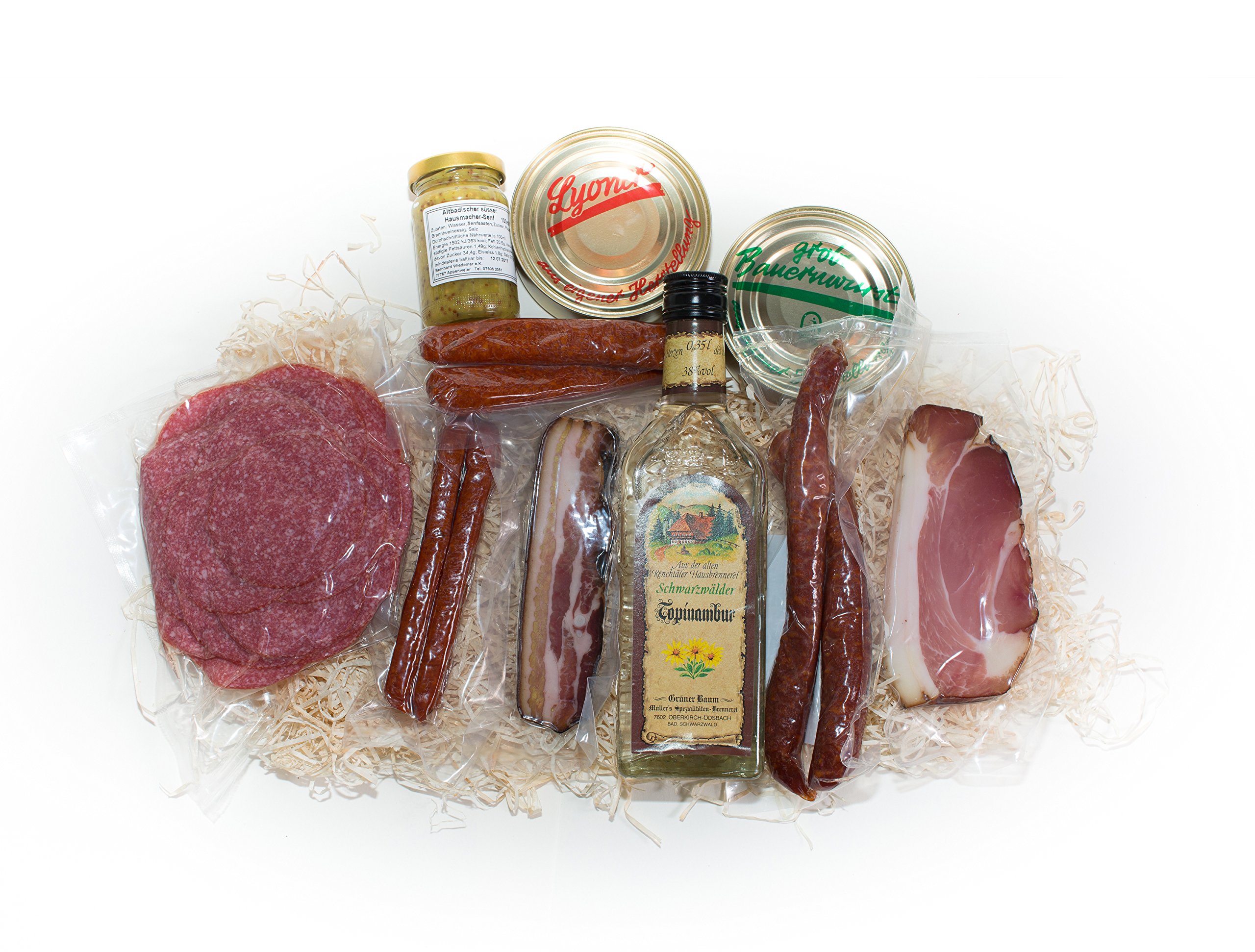 Schwarzwald Metzgerei Geschenkset Brotzeit 9-teilig mit Wurstspezialitäten Senf Williams Schnaps