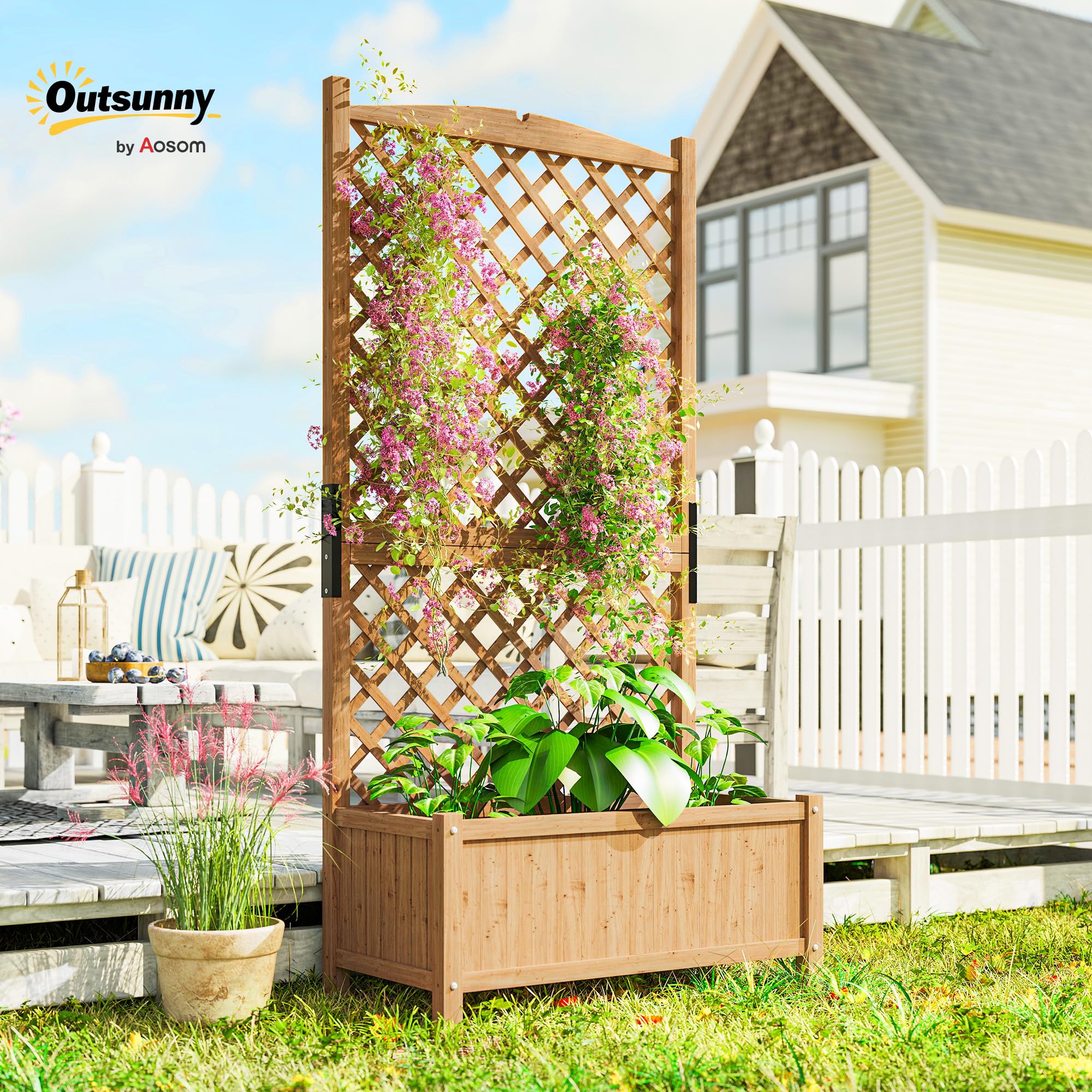 Outsunny Arriate de Jardín con Enrejado Jardinera con Celosía Macetero con Soporte para Trepadora Cultivos Plantas Flores para Exterior Patio Terraza Balcón 90x45x180 cm Natural
