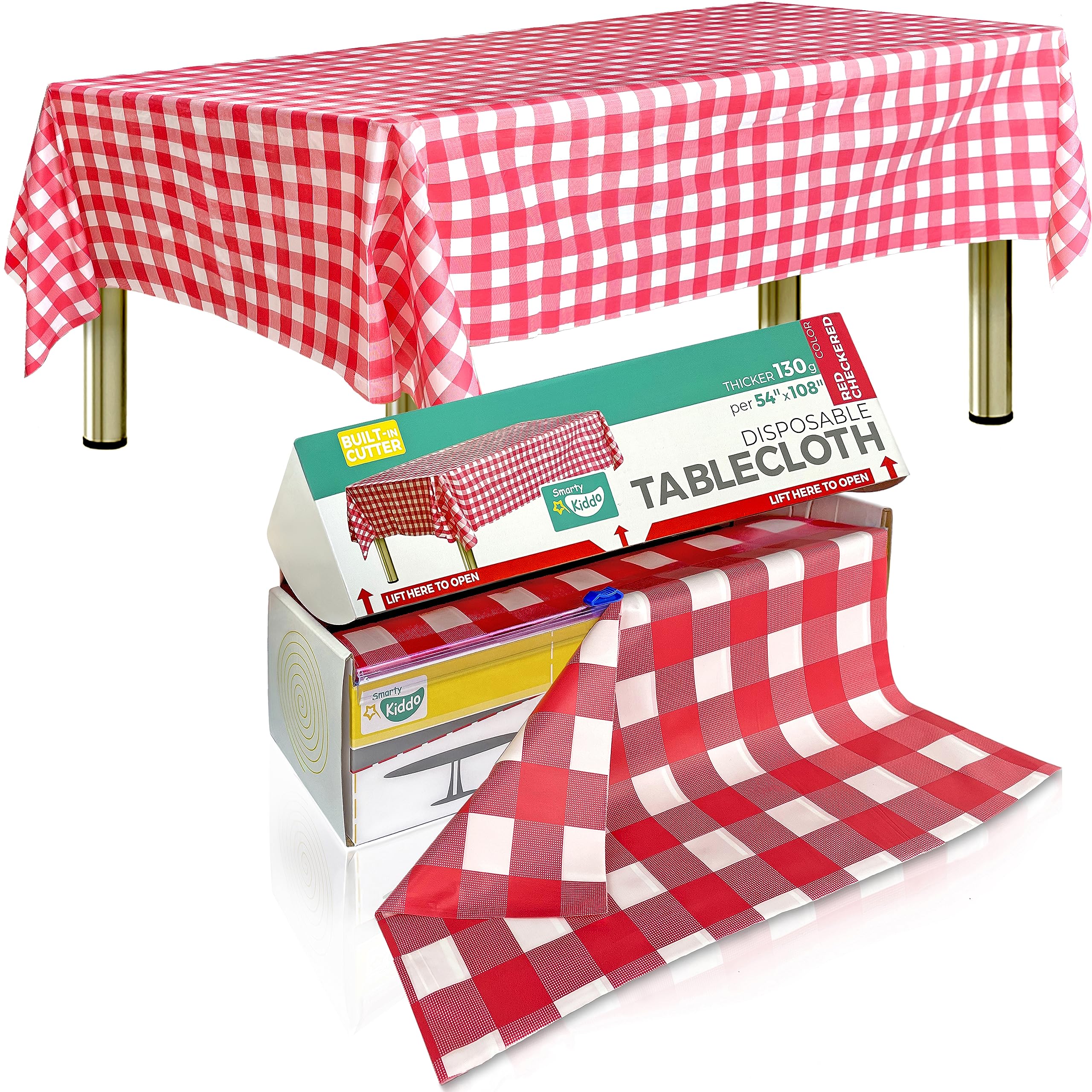 Smarty Kiddo Checkered Plastic Table Cloth Roll 54in X 100ft with Built in Cutter Box