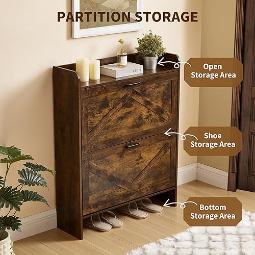 Miniatura 3 de Armario de almacenamiento de zapatos con 2 cajones abatibles, organizador de zapatos independiente con marco de metal abatible para entrada,