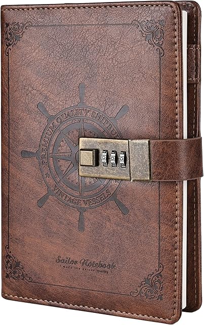 B6 Leather Journal Notebook with Combination Lock, Travel Sailor Writing Diary Personal Planner Organizers As Gift for Girls Boys Women, 7.87 X 5.51 in (Coffee)