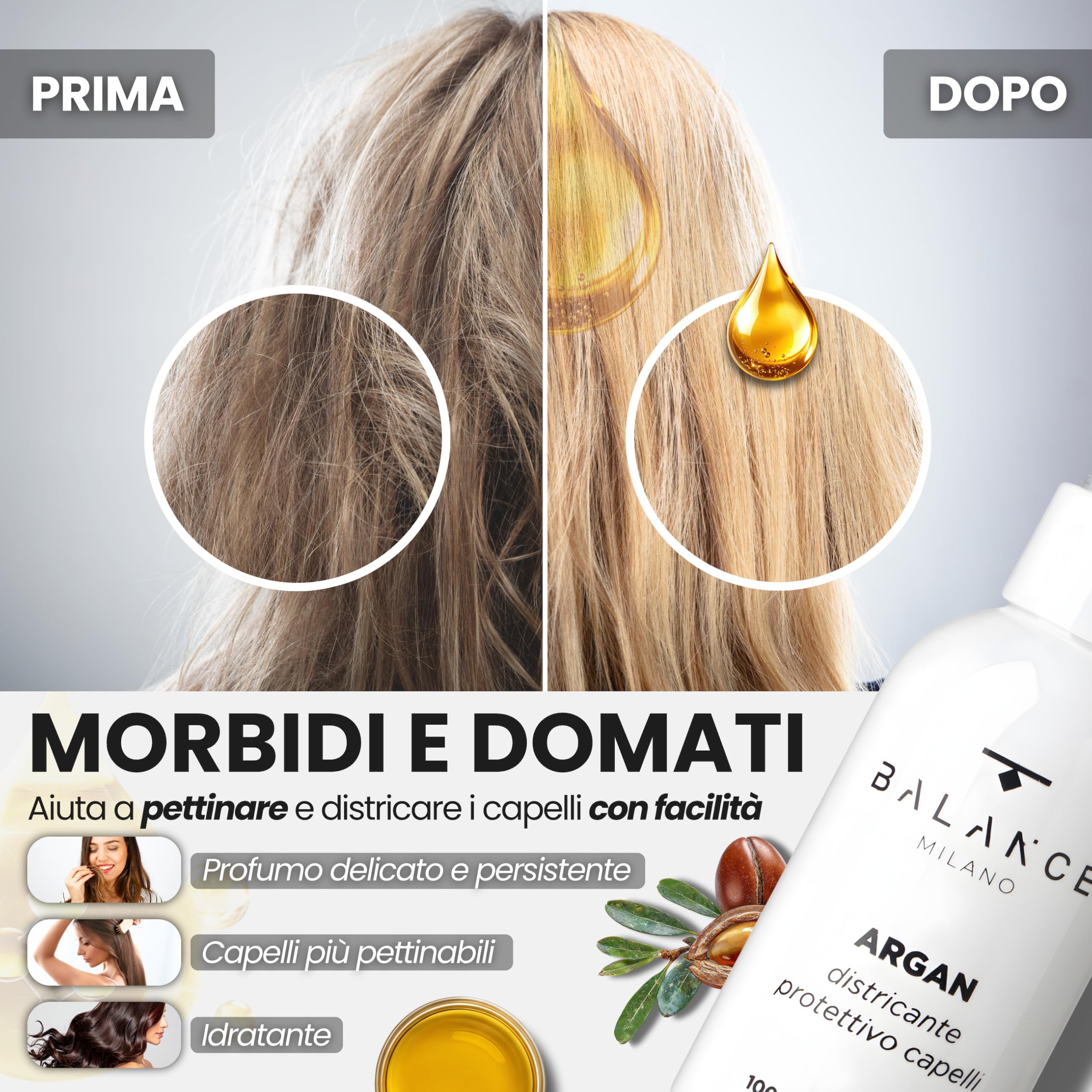 BALANCE MILANO - Spray Districante Capelli Senza Risciacquo con Olio di Argan - 100ml - Made in Italy - Protegge da Raggi UV e Calore - Nutre e Idrata - Protezione Solare Capelli