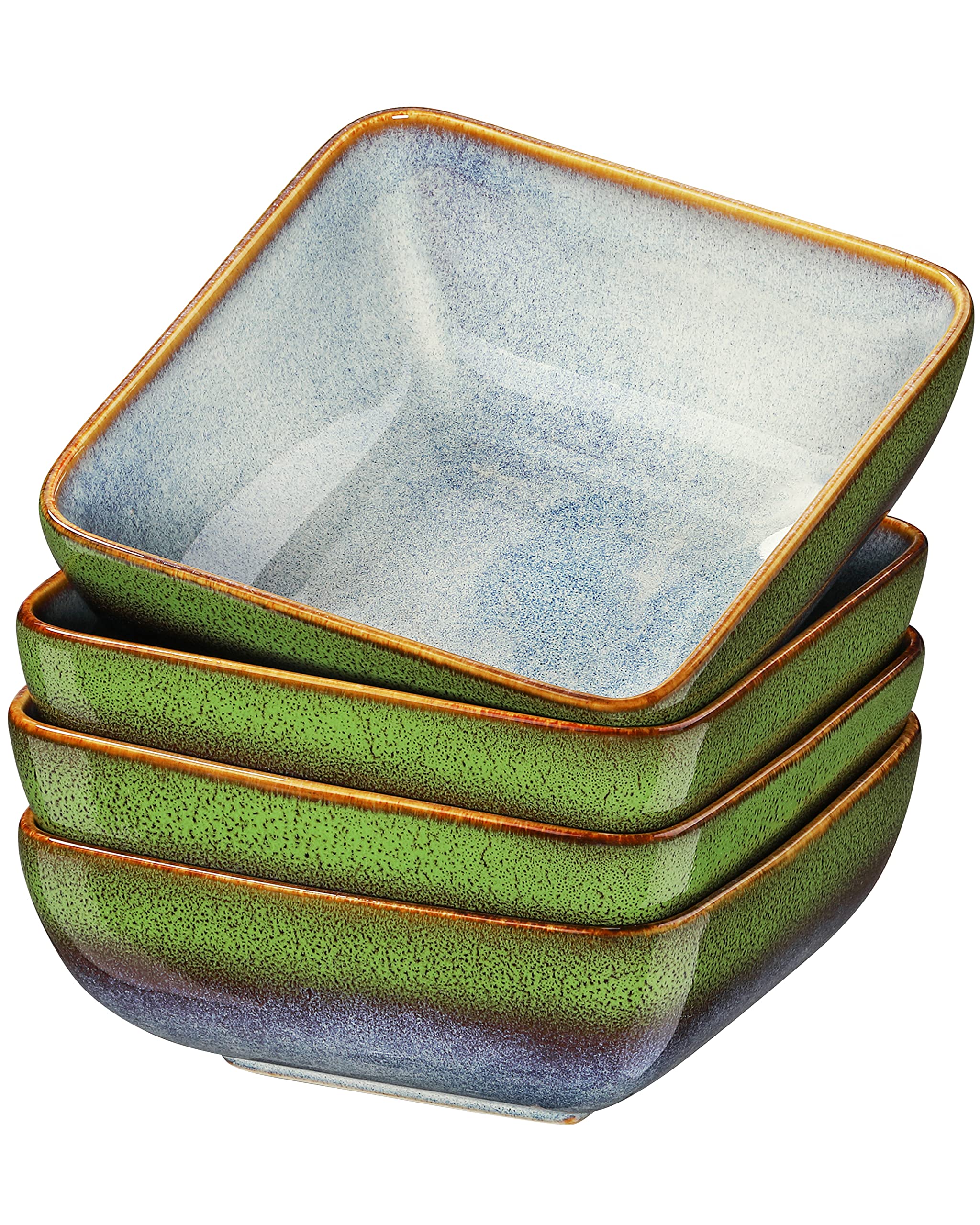 vancasso Stern Square 4-Piece Cereal Bowl Set, Kiln Change Glaze Blue-Green Gradient Deep Bowl, 6in Salad/Fruit/Snack/Dessert/Soup Bowl. (15.3x15.3x6cm)