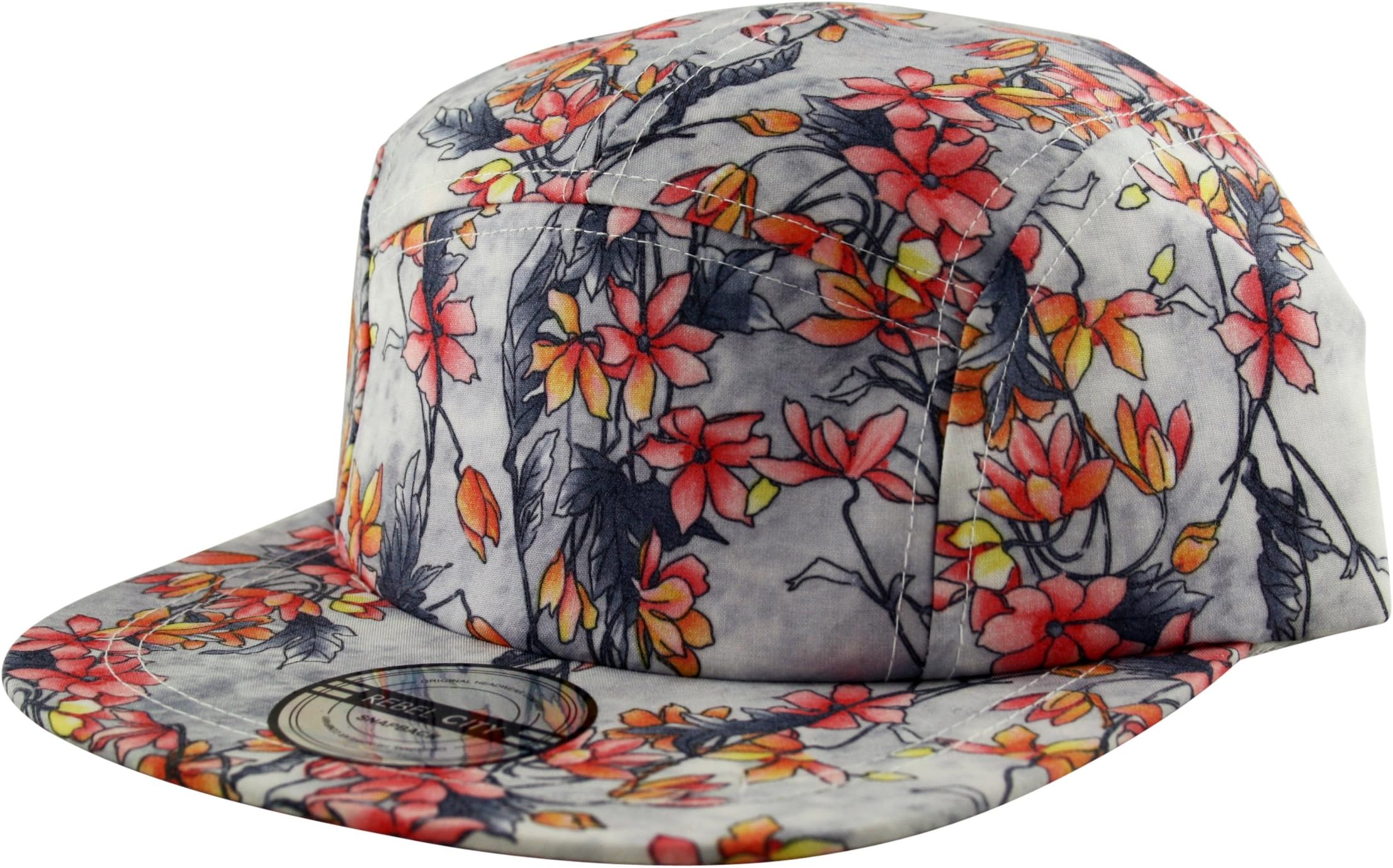 Leafy All Over Print Snapback 5 Panel Flat Peak Cap Hat in Grey Pink