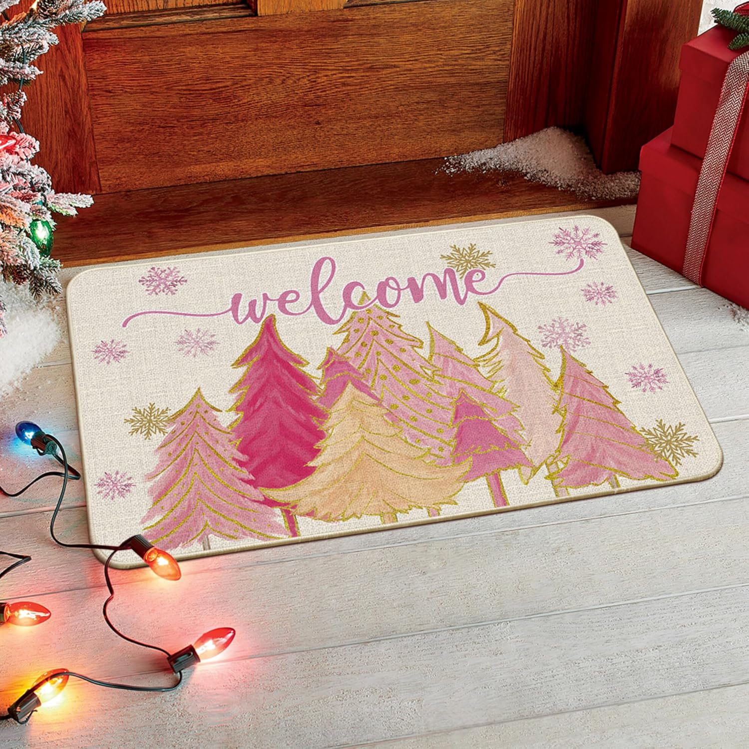 Artoid Mode Pink Tree Snowflak Christmas in July Welcome Doormat, Winter Home Decor Low-Profile Switch Rug Door Mat Floor Mat for Indoor Outdoor 24x35 Inch