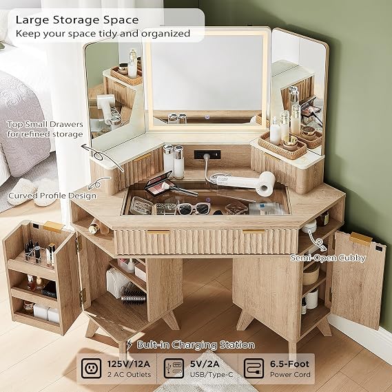 T4TREAM Fluted Makeup Vanity Desk with 3 Way Mirror and Lights, 48 Large Corner Vanity Table with Glass Top, Charging Station, 3 Drawers, Storage Cabinets & Shelves, for Bedroom, Natural Oak
