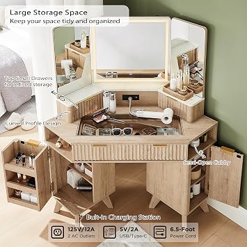 T4TREAM Fluted Makeup Vanity Desk with 3 Way Mirror and Lights, 48 Large Corner Vanity Table with Glass Top, Charging Station, 3 Drawers, Storage Cabinets & Shelves, for Bedroom, Natural Oak