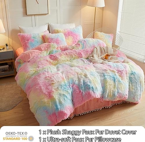 Miniatura 9 de LIFEREVO Juego de funda de edredón de lujo de piel sintética esponjosa, suave juego de funda de edredón de felpa de teñido anudado (1 funda de