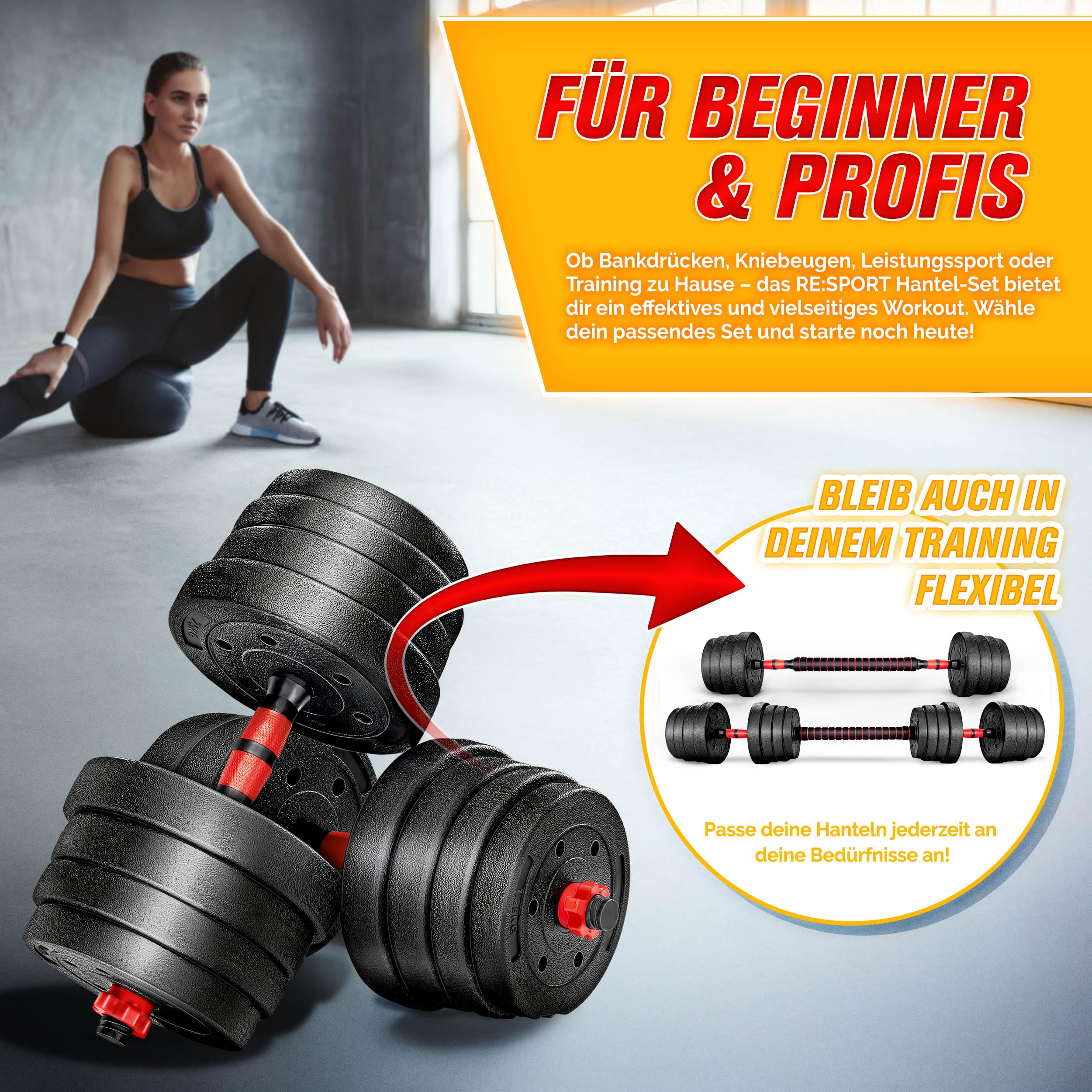 RE:SPORT 2 in 1 Hanteln Set 15-30kg | Hantelset verstellbar | Kurzhantel & Langhantel | Sternverschlüsse & Verbindungsrohr