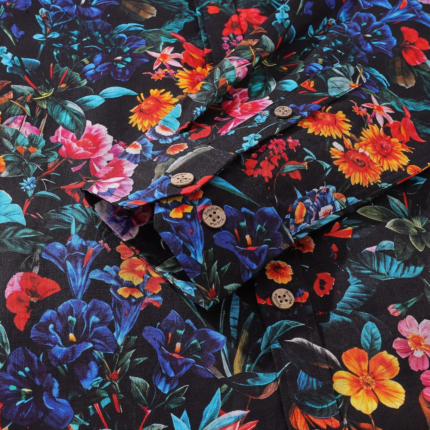 Long Sleeve Hawaiian Shirt for Men Colorful Garden Cotton Button-Down Aloha Shirt